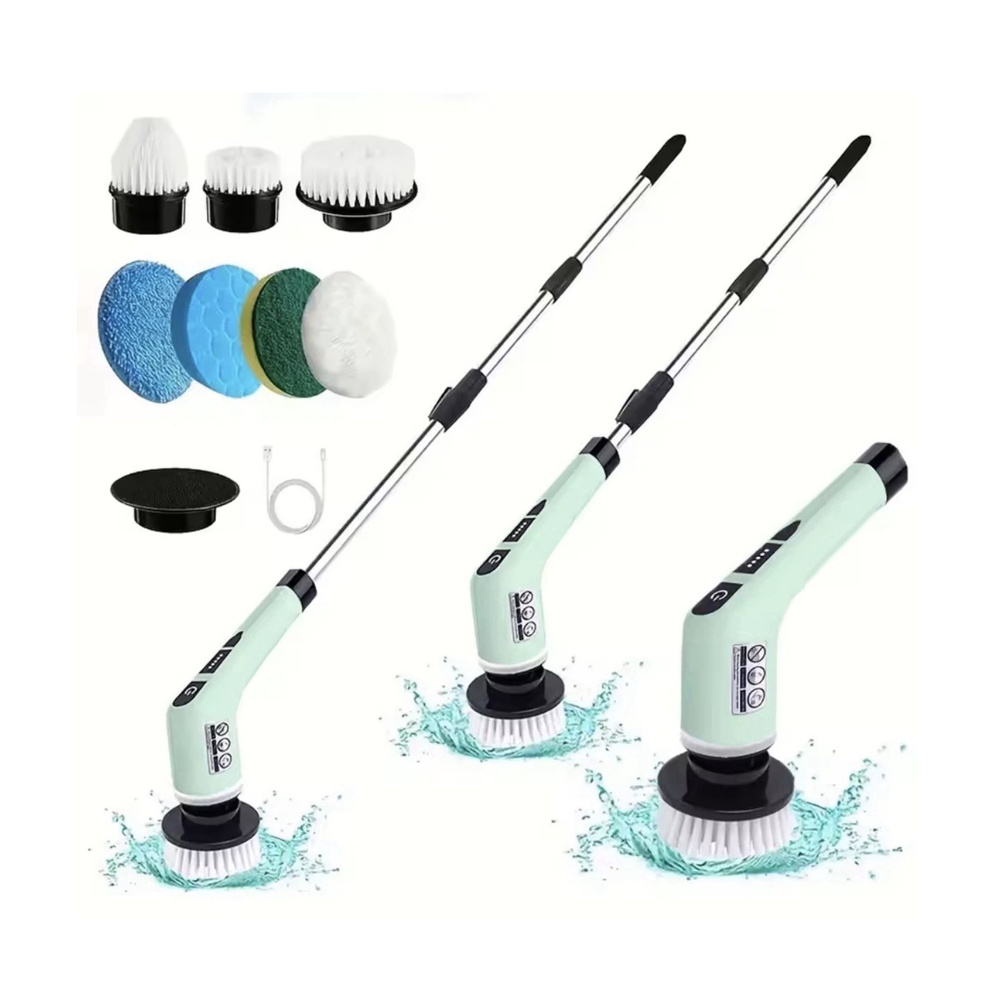 Rechargeable Electric Scrub Brush Kit, 8 Attachments, Adjustable Handle, White
