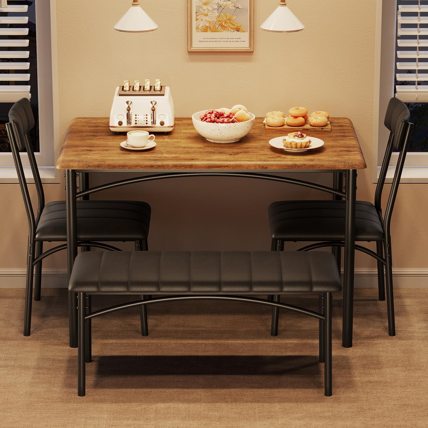 Dining Table Set 4 Kitchen Table W/ Upholstered Chairs & Bench Wood Rectangular
