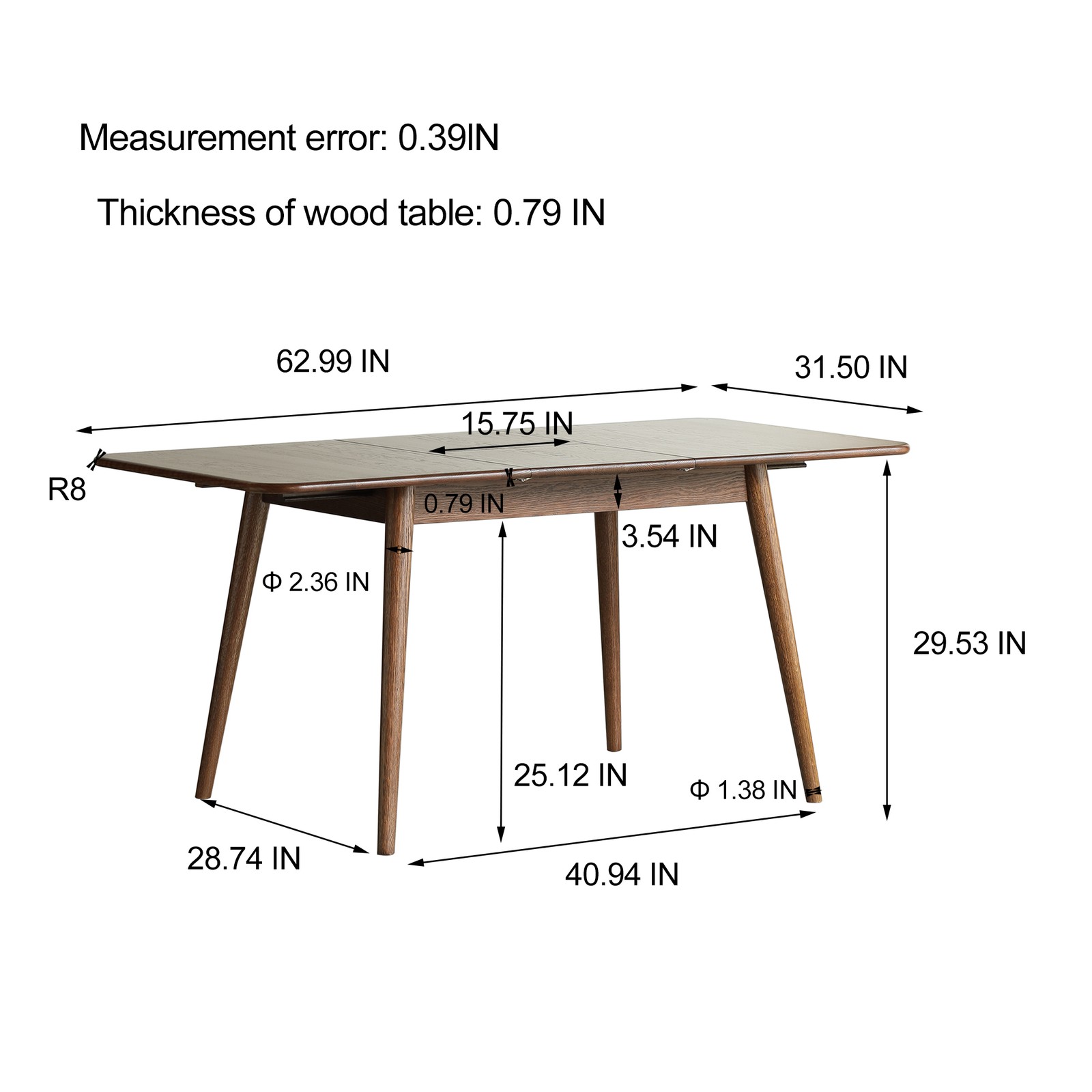 Walnut color solid oak round corner diagonal leg telescopic table 1.2-1.6m, fo
