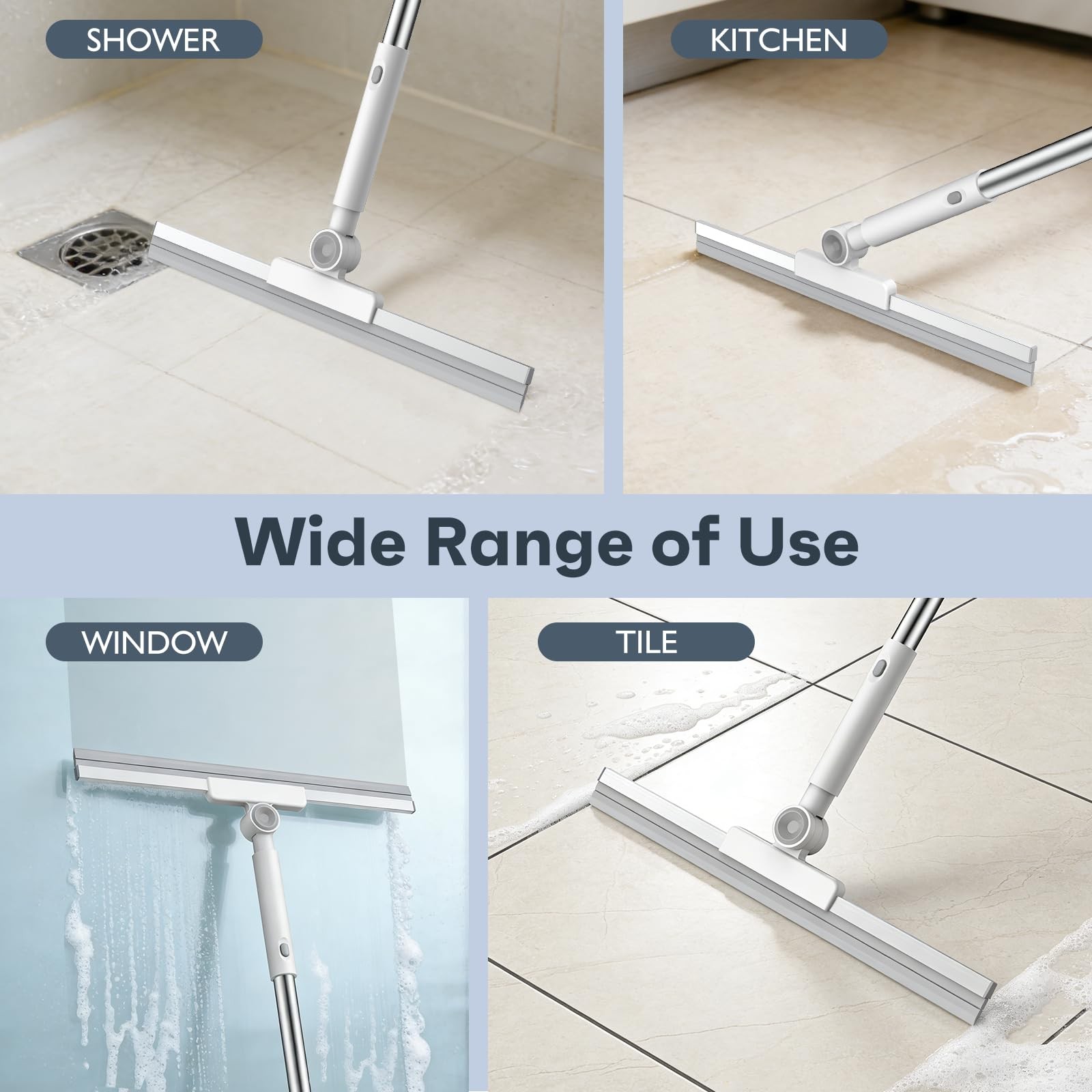 52in Adjustable Floor Squeegee with 180° Rotating Head Long Handle for Tiles