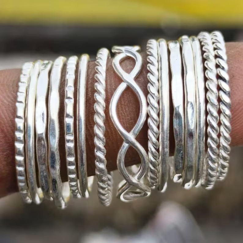 Set of 15 Silver Ring Set | Stackable Sterling Silver Rings | Boho Mini All Size