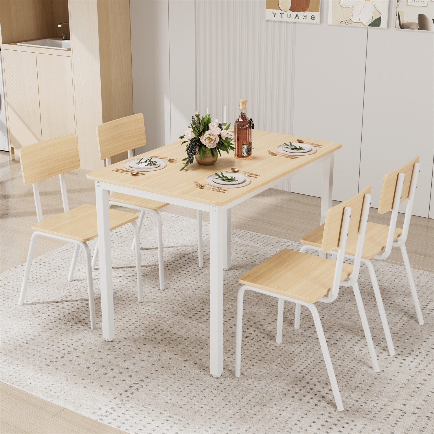 5 Piece Dining Table Set Wood Dining Table w/ 4 Chairs for Kitchen Dining Room