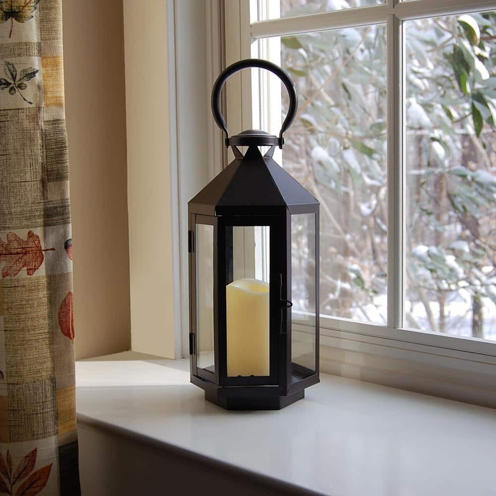 6 In. X 12 In. Hexagon Metal Lantern with LED Candle