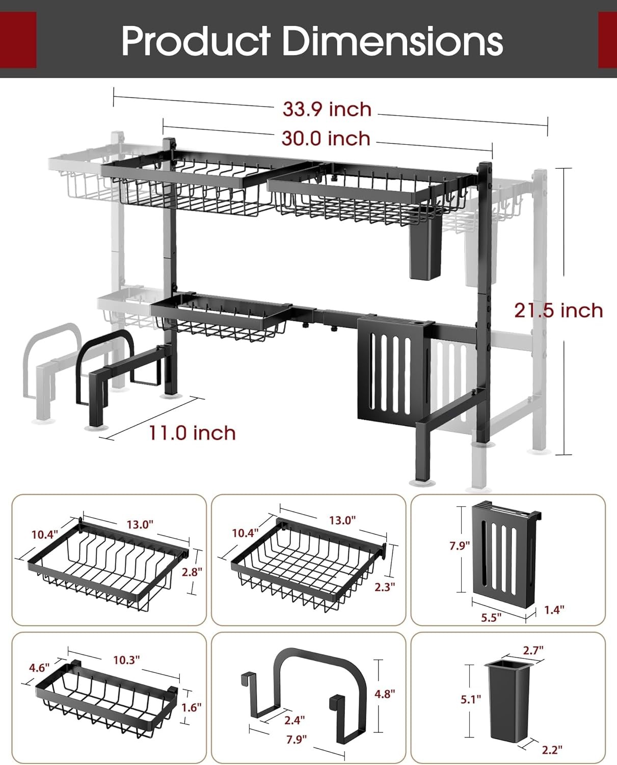 Sakugi Adjustable 2-Tier Over Sink Dish Drying Rack, Stainless Steel Black