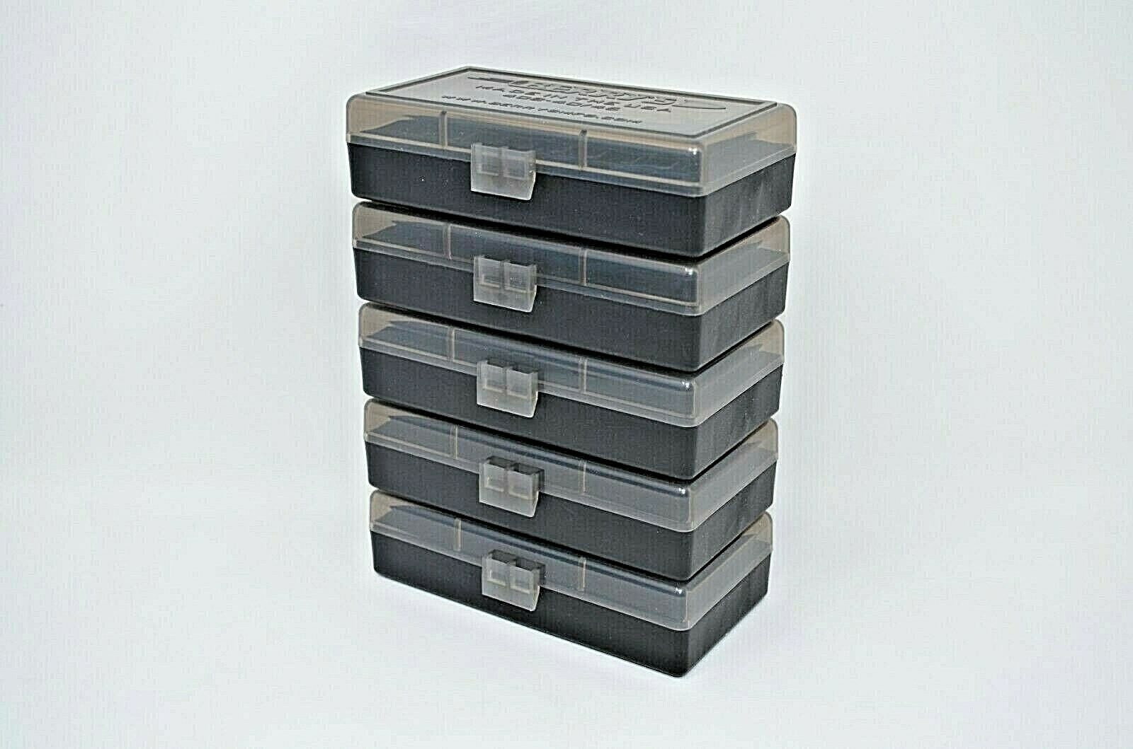 BERRY'S PLASTIC AMMO BOXES (5) SMOKE/BLACK 50 Round 40 S&W / 45 ACP