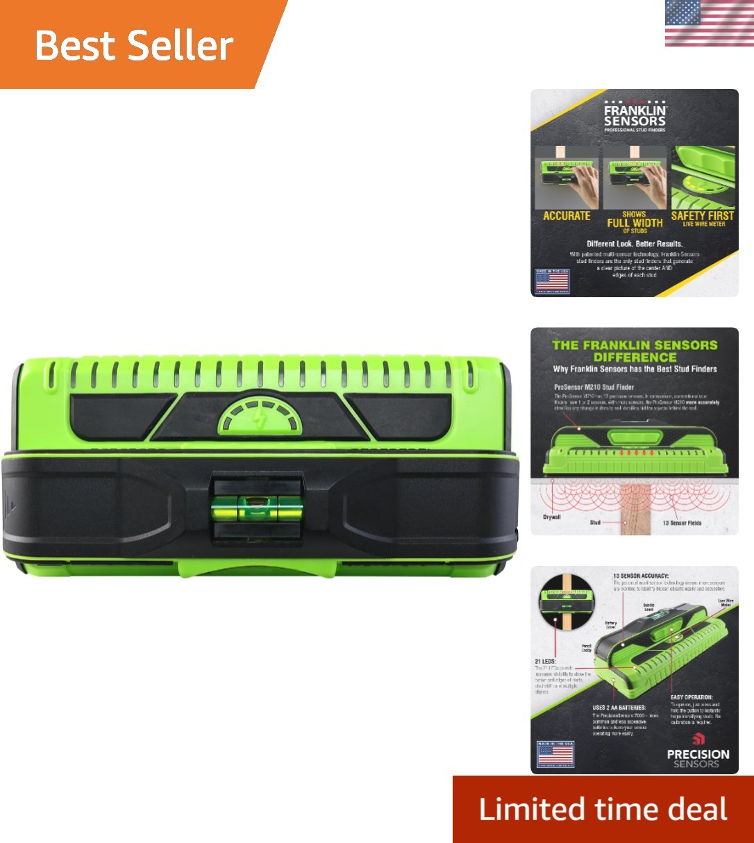 ProSensor Stud Finder with Live Wire Detection, Green | 13-Sensor Wall Scanne...