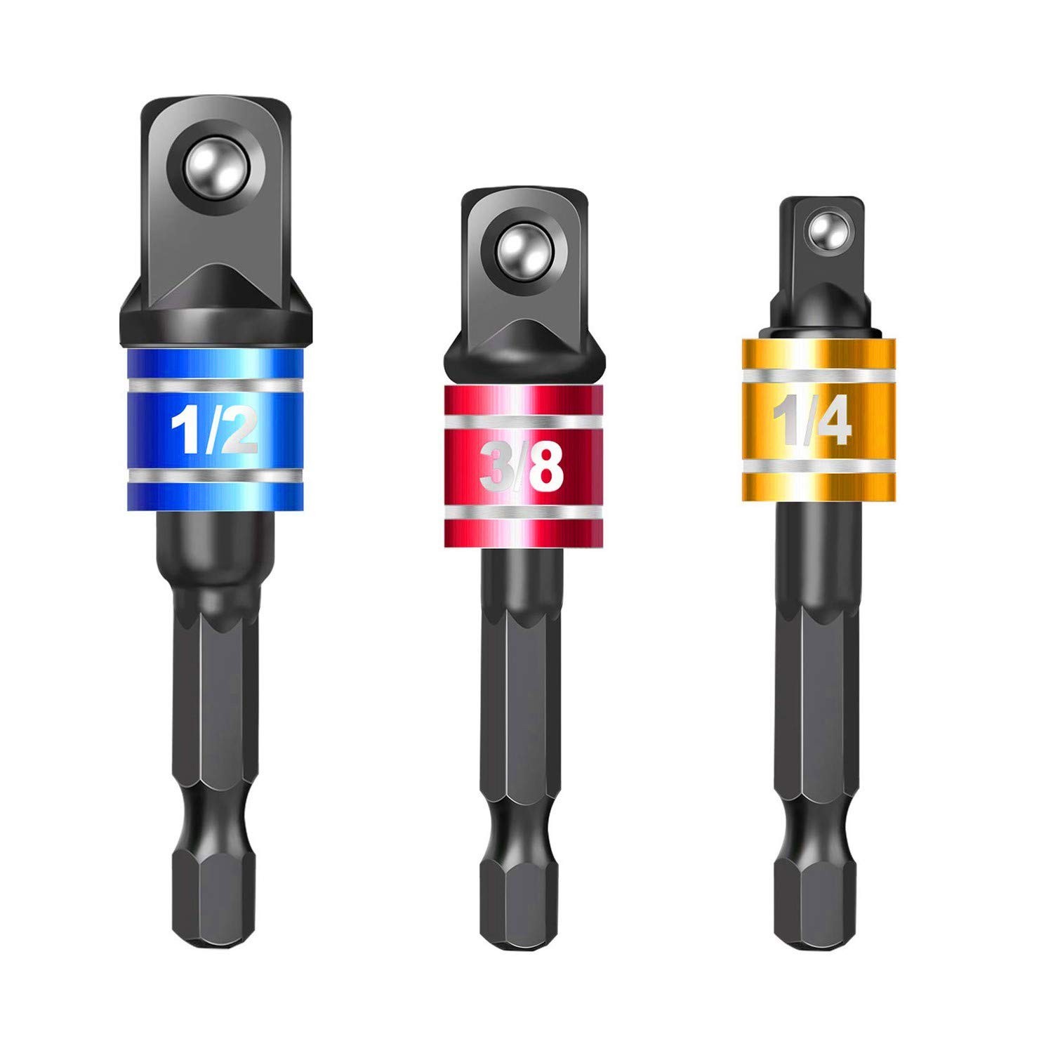 Socket Adapter Set, 1/4-Inch Hex Shank to 1/4, 3/8, 1/2-Inch Square Drive, 3-...