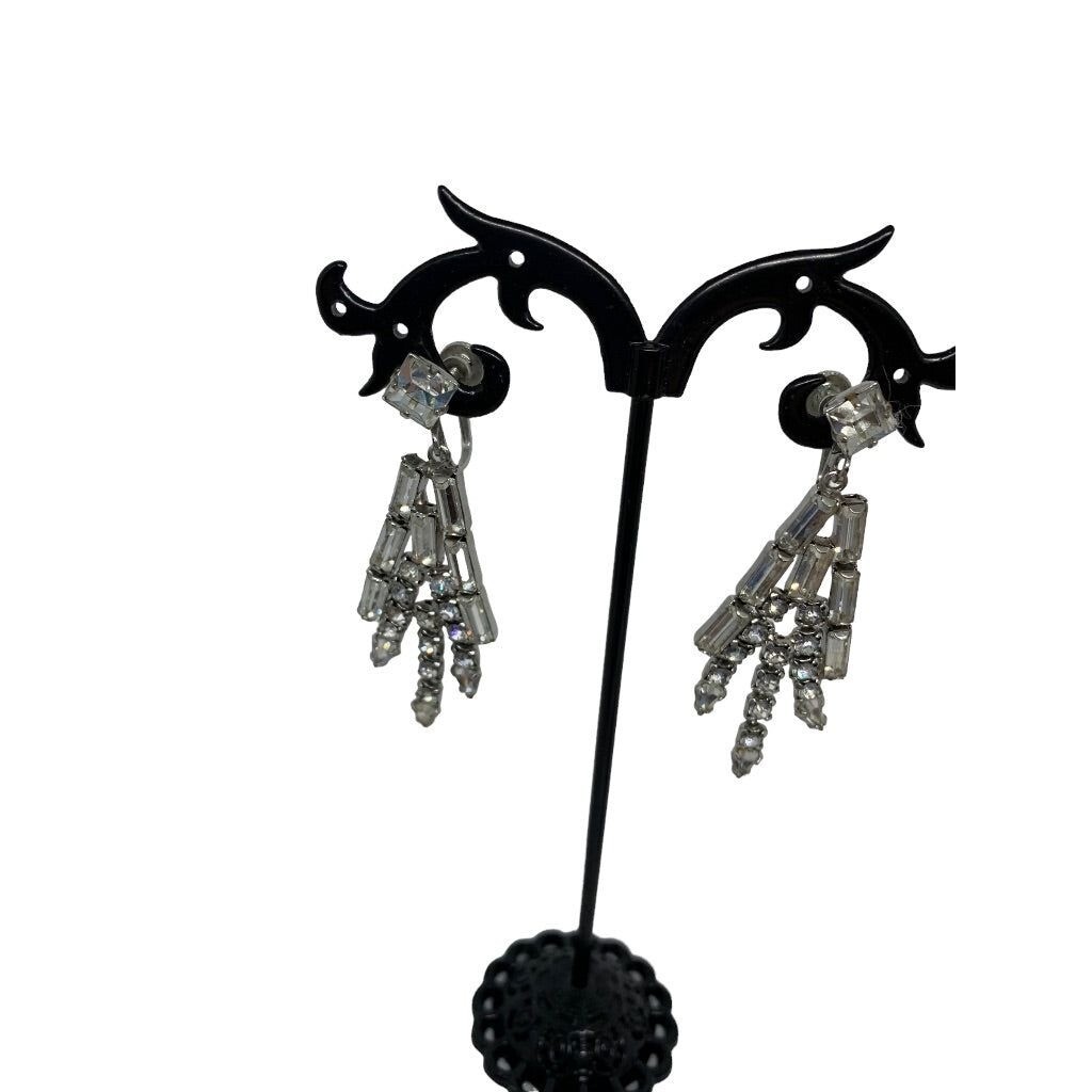 Vintage Rhinestone Earrings Dangle 2" Drop Screwback Non-Pierced