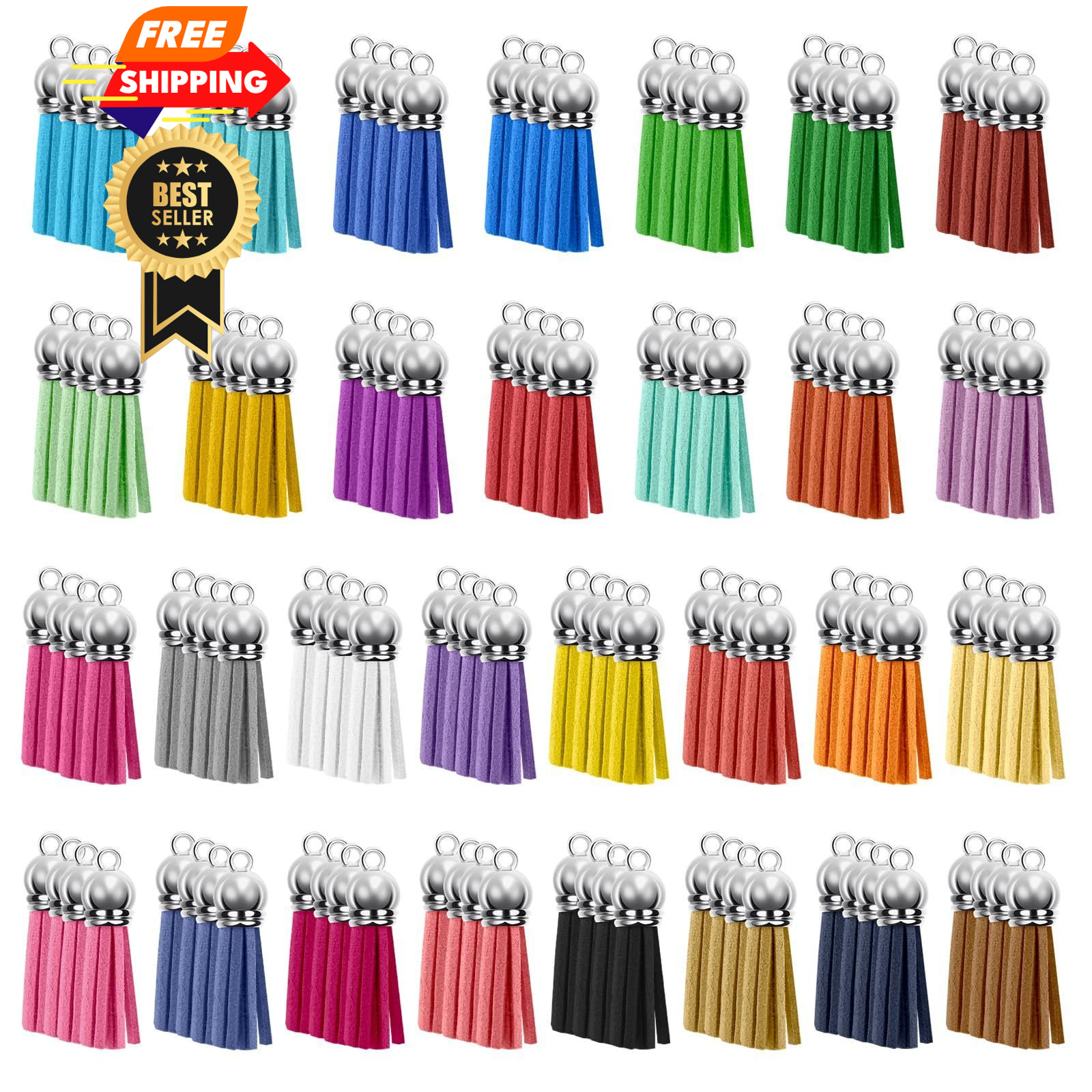 BOUBONI 120 Pack Leather Keychain Tassels Charms Silver 38mm, Multi Color