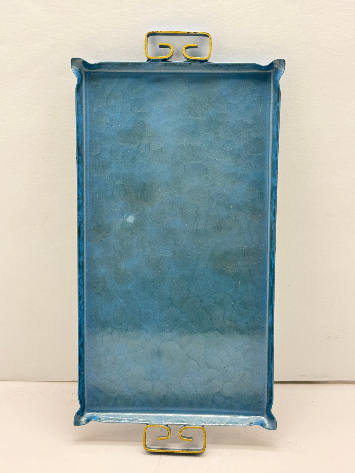 Moiré Mid-Century Keyes California Tray Blue 6.75 x 3.75 Gold scallop handles