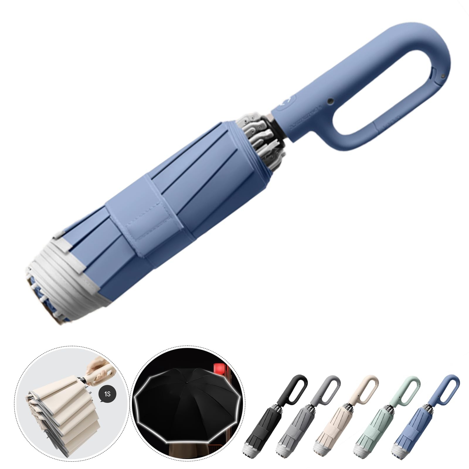 Ring Buckle Fully Automatic Umbrella, Reflective Safety Strip, One size, Blue