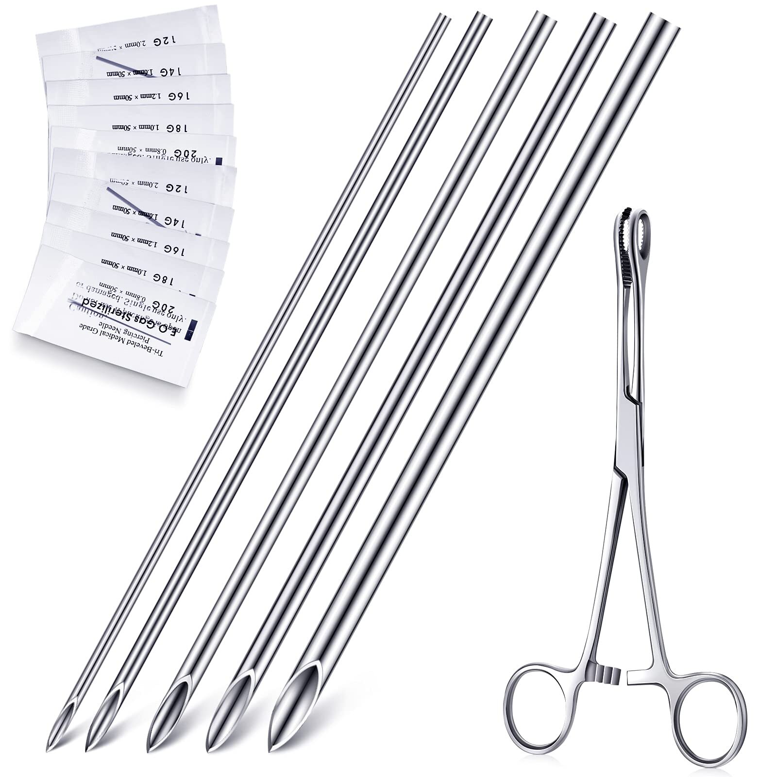 100 Pcs Piercing Needle Sizes 12g-20g With 1 Pcs Clamps Stainless Forceps Clamp