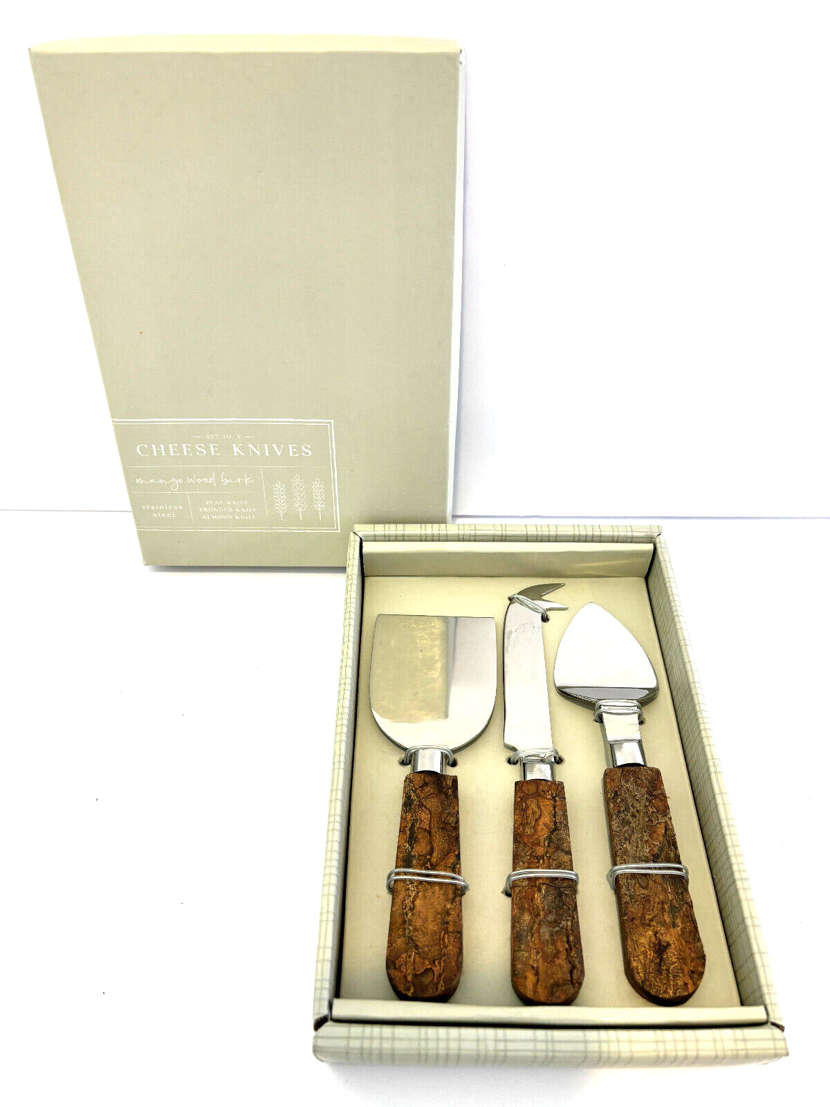 NIB Two's Company Set of 3 Mango Wood Bark Cheese Knives