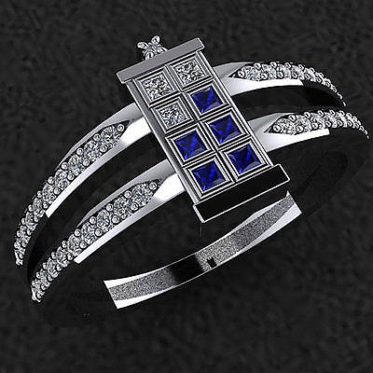 Doctor Who White & Blue Princess Tardis Engagement Wedding Ring Sterling Silver