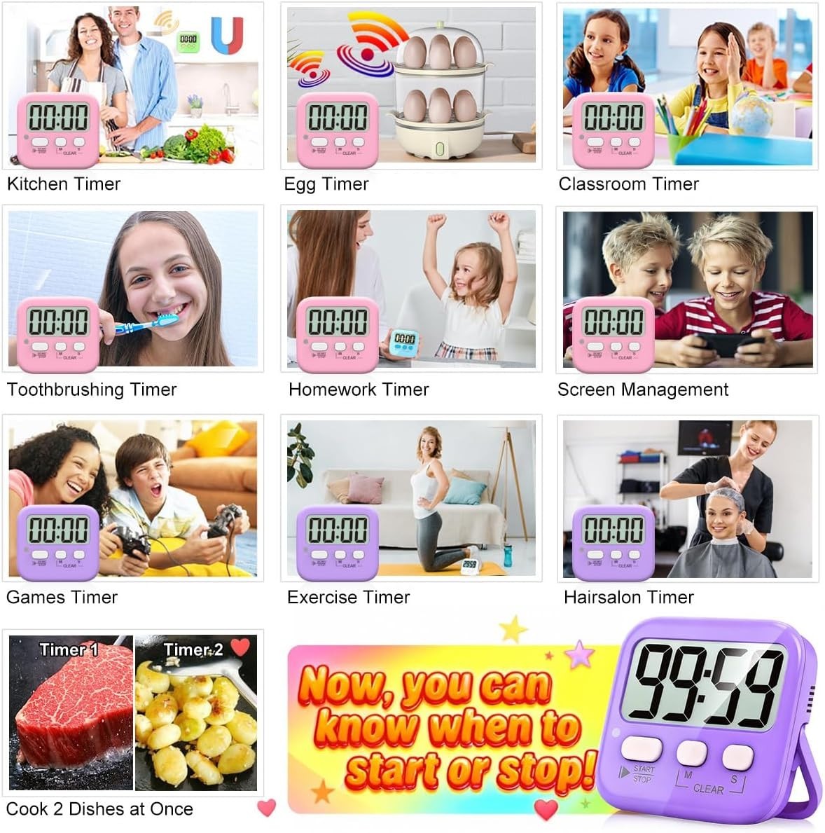 Loud & Silent Mode Digital Timers - 2 Pack Essential for Classrooms & Kitchen