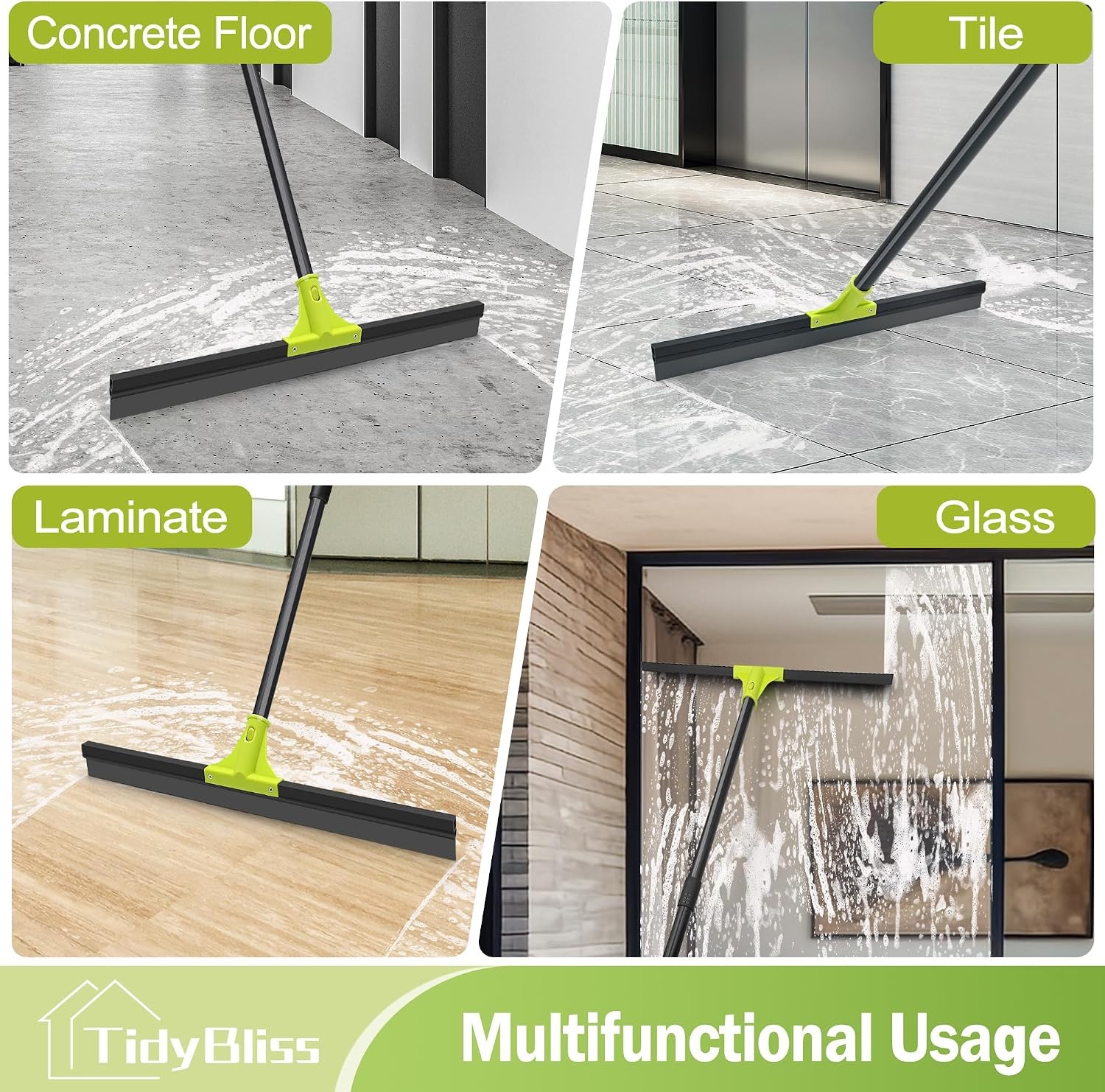 24" Heavy Duty Floor Squeegee, 62" Handle, Rubber Foam Water Scraper