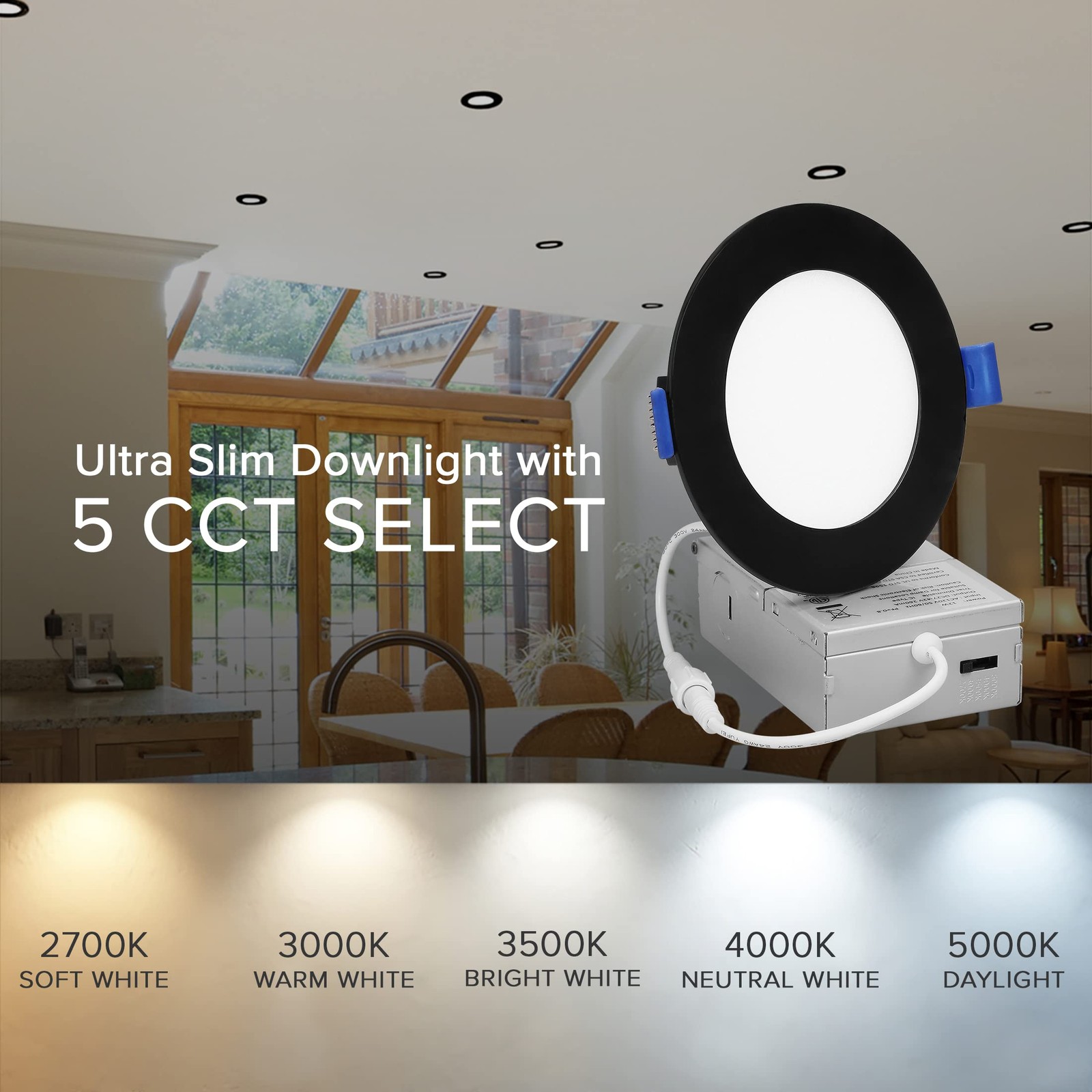 Maxxima 4 in. 5CCT Ultra Thin Recessed LED Downlight - Single Pack, Black