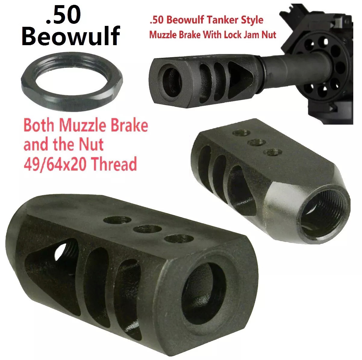 All Steel 49/64x20 Tanker Muzzle Brake Compensator .50Beo W 49/64x20 Jam Nut