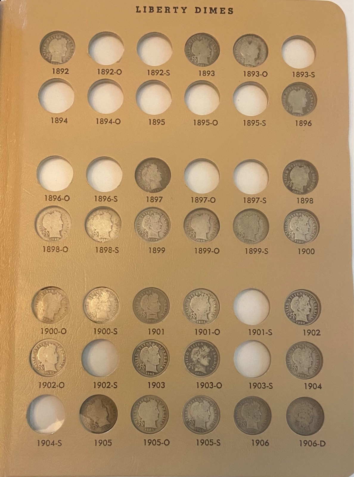 57 different date Barber dimes in a dansco album