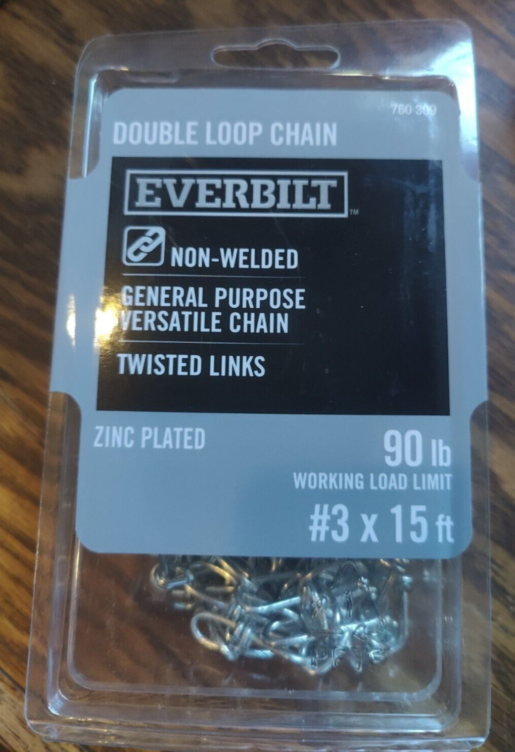 New - Everbilt 760309 Double Loop Chain #3 x 15 ft. 90 lb. Capacity Zinc Plated
