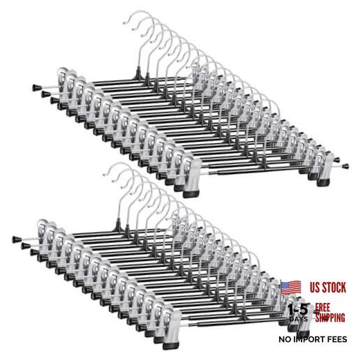 30 Pack Pants Hangers with Clips, 12 Inch Black Adjustable Skirt Hangers | for