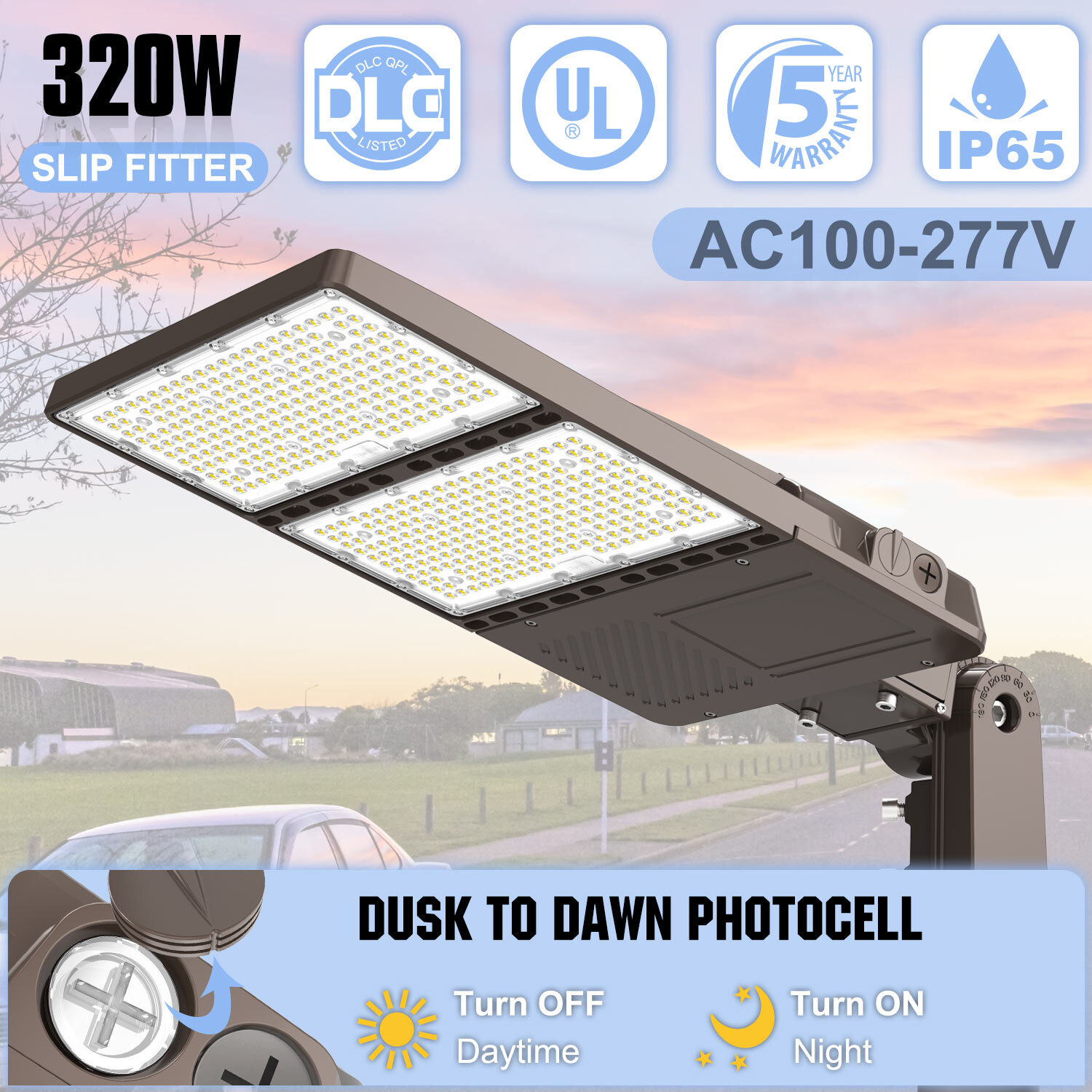 320W LED Parking Lot Light with Photocell Commercial Shoebox Area Pole Lights