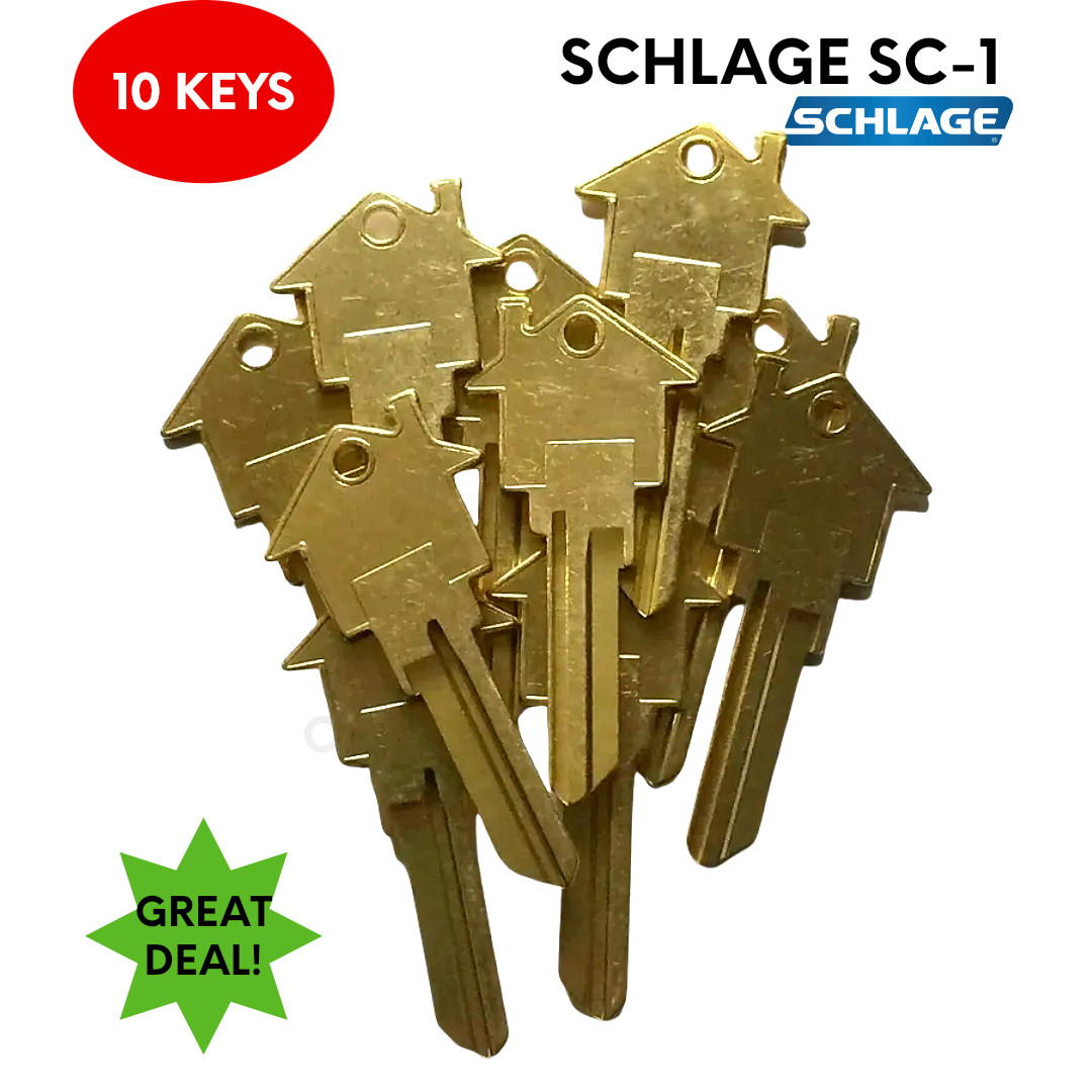 10 Schlage SC-1 House Shaped Key Blanks Brass MORTGAGE-REAL ESTATE PROMOTIONAL!