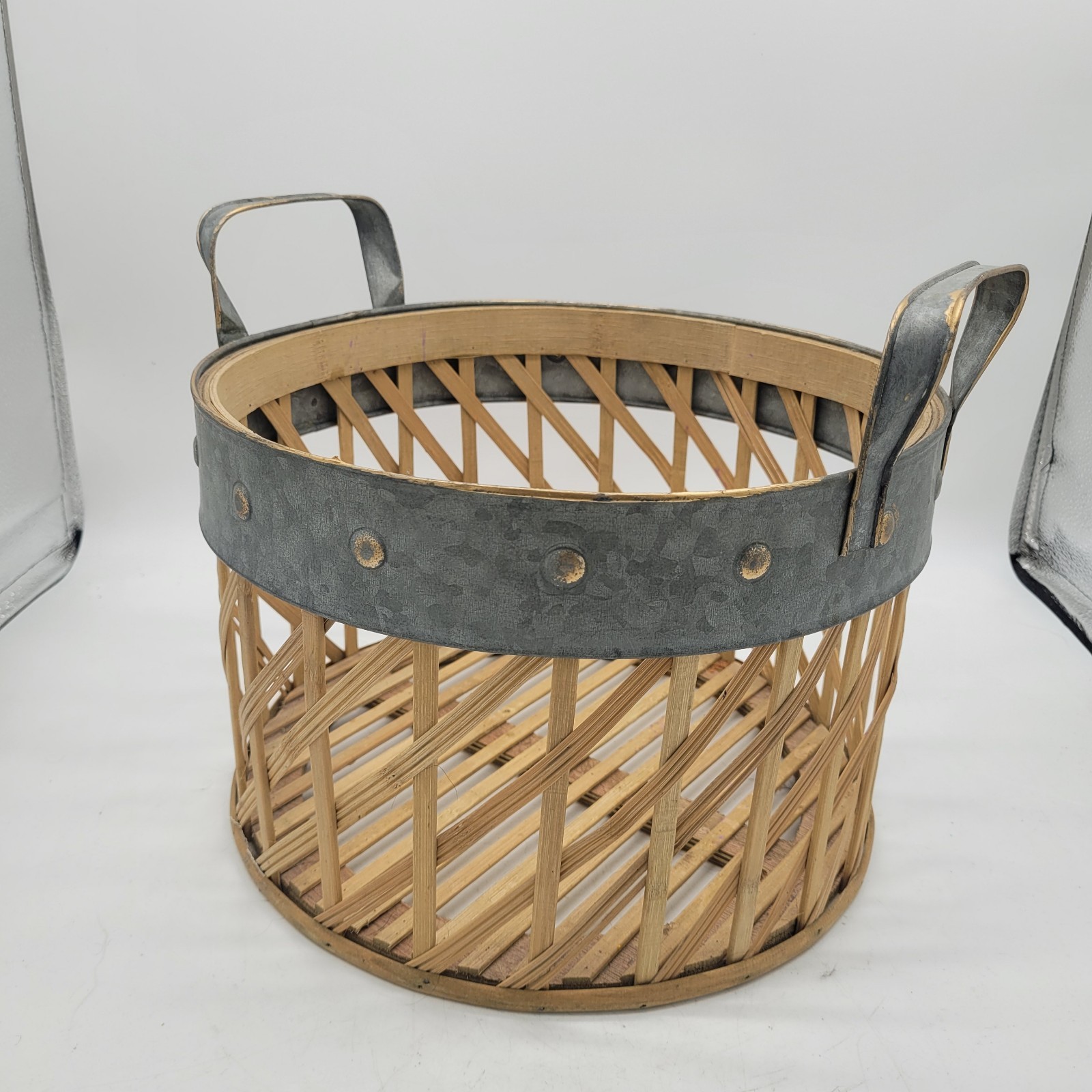 Round Woven Bamboo Basket Galvanized Metal Handles +Trim Farmhouse Style Damaged
