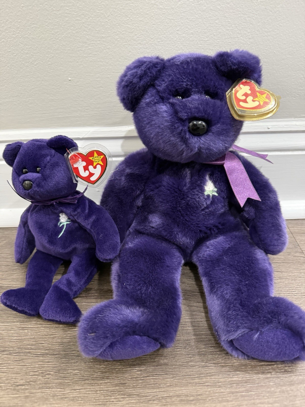 TY Princess Diana Beanie Baby + Beanie Buddy Purple Bear Lot w/ Tag Protectors