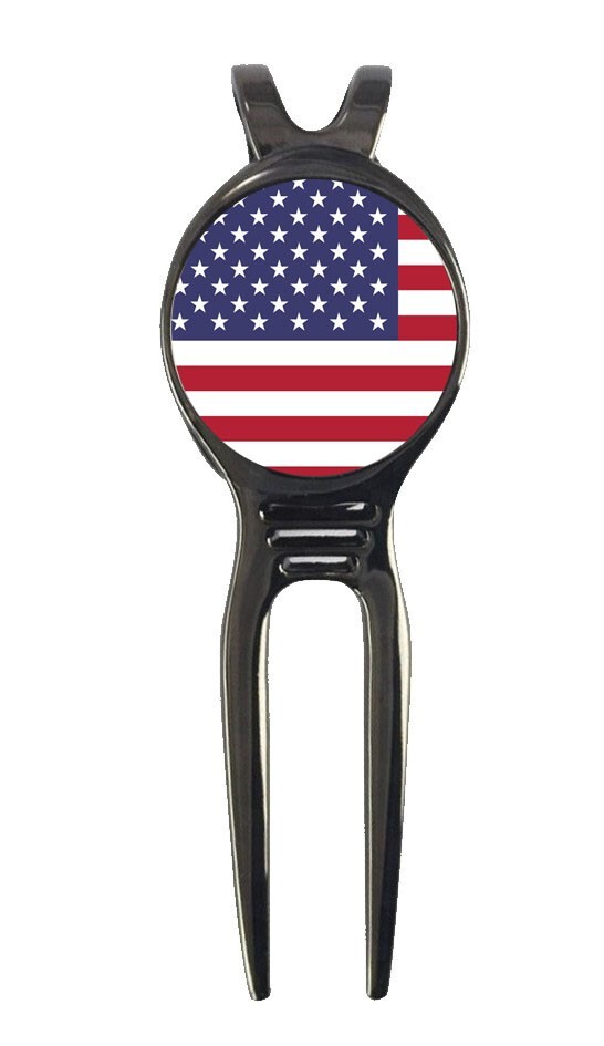 USA United States Flag Golf Ball Marker + Black Gunmetal Divot Tool Police