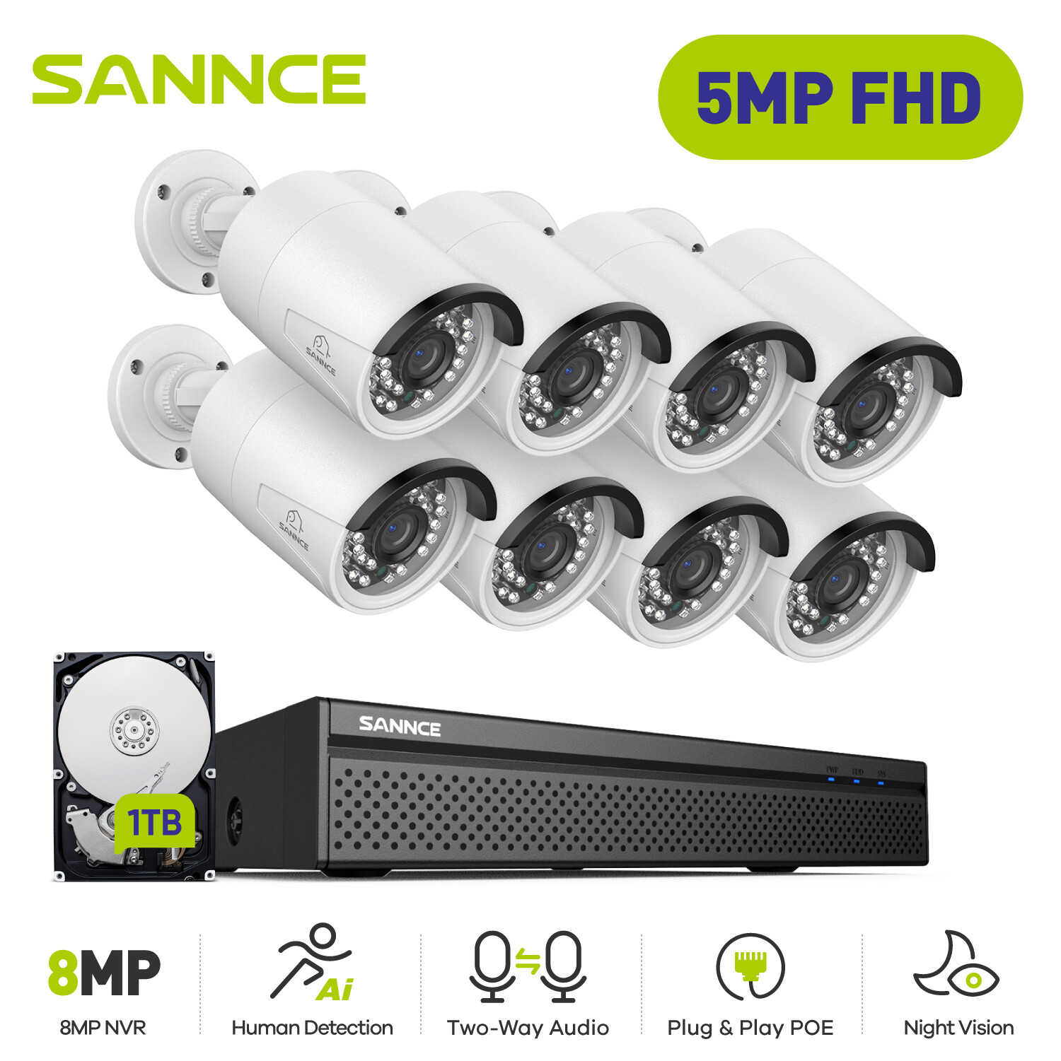 SANNCE 4K 8CH NVR 5MP POE Security Camera System Two Way Audio AI Detection 1TB