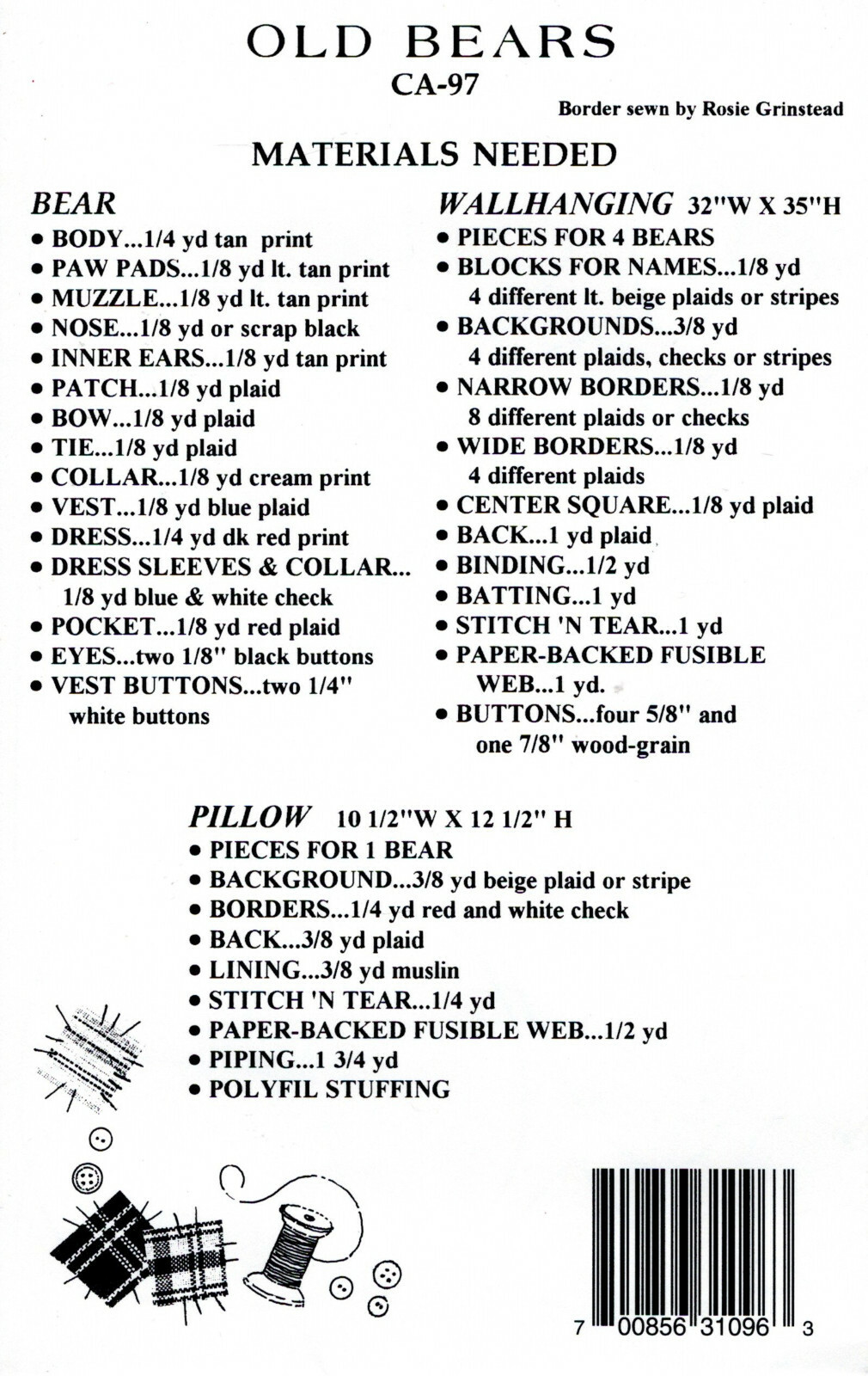 "Old Bears" ©1996 Country Appliques Quilting Pattern/Instruction Pack # CA-97