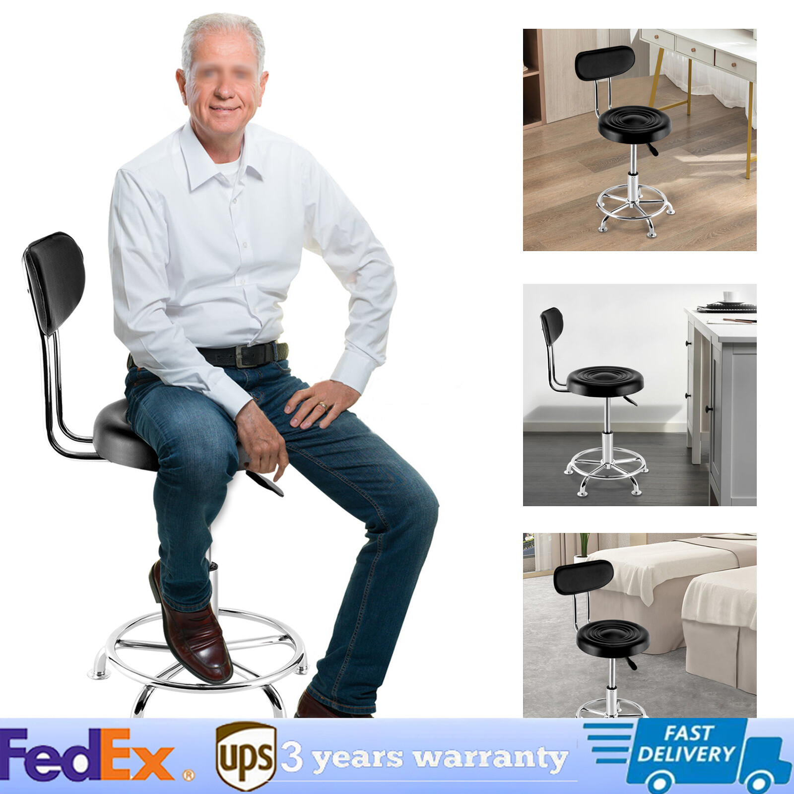 Black Garage WorkShop Stool Bench Mechanics Swivel Chair Height-Adjustable Seat