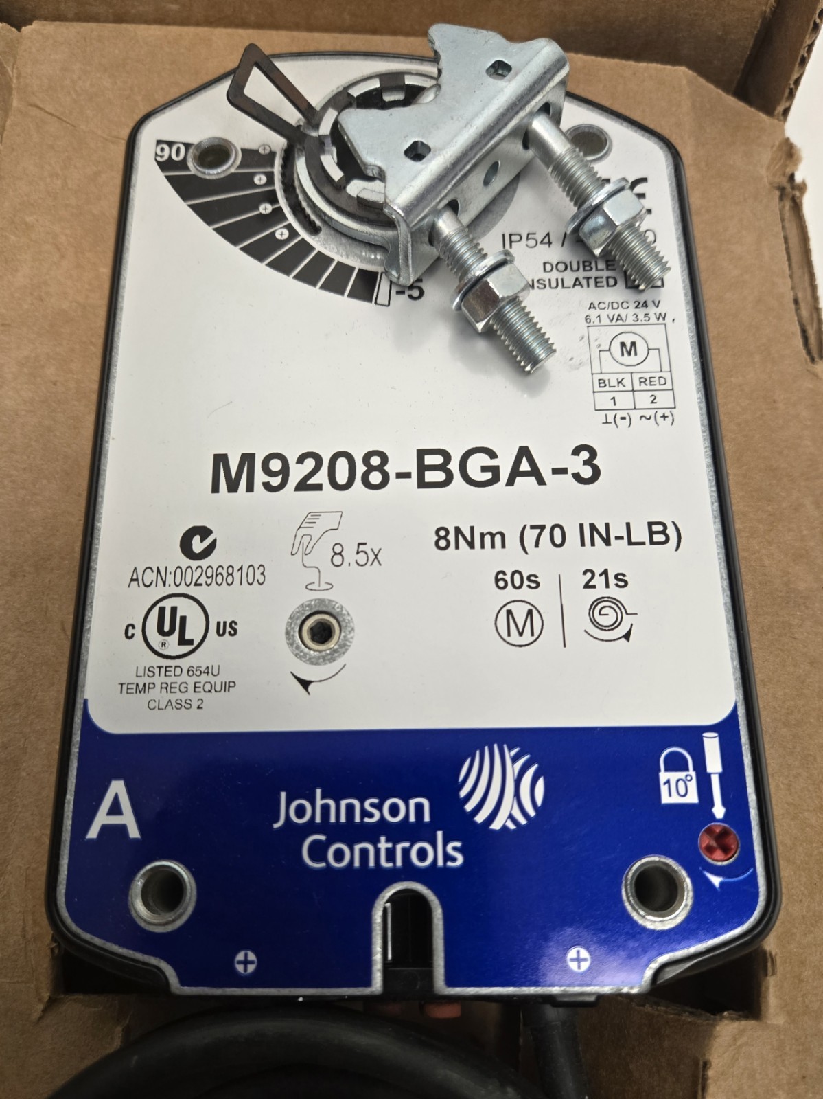 JOHNSON CONTROLS ELECTRIC SPRING-RETURN ACTUATOR M9208-BGA-3.