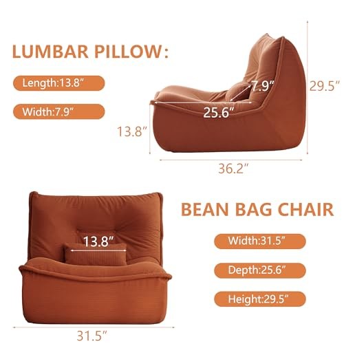 Bean Bag Chair for Adults, Single Lounge Chair with Lumbar Pillow, Comfy Orange