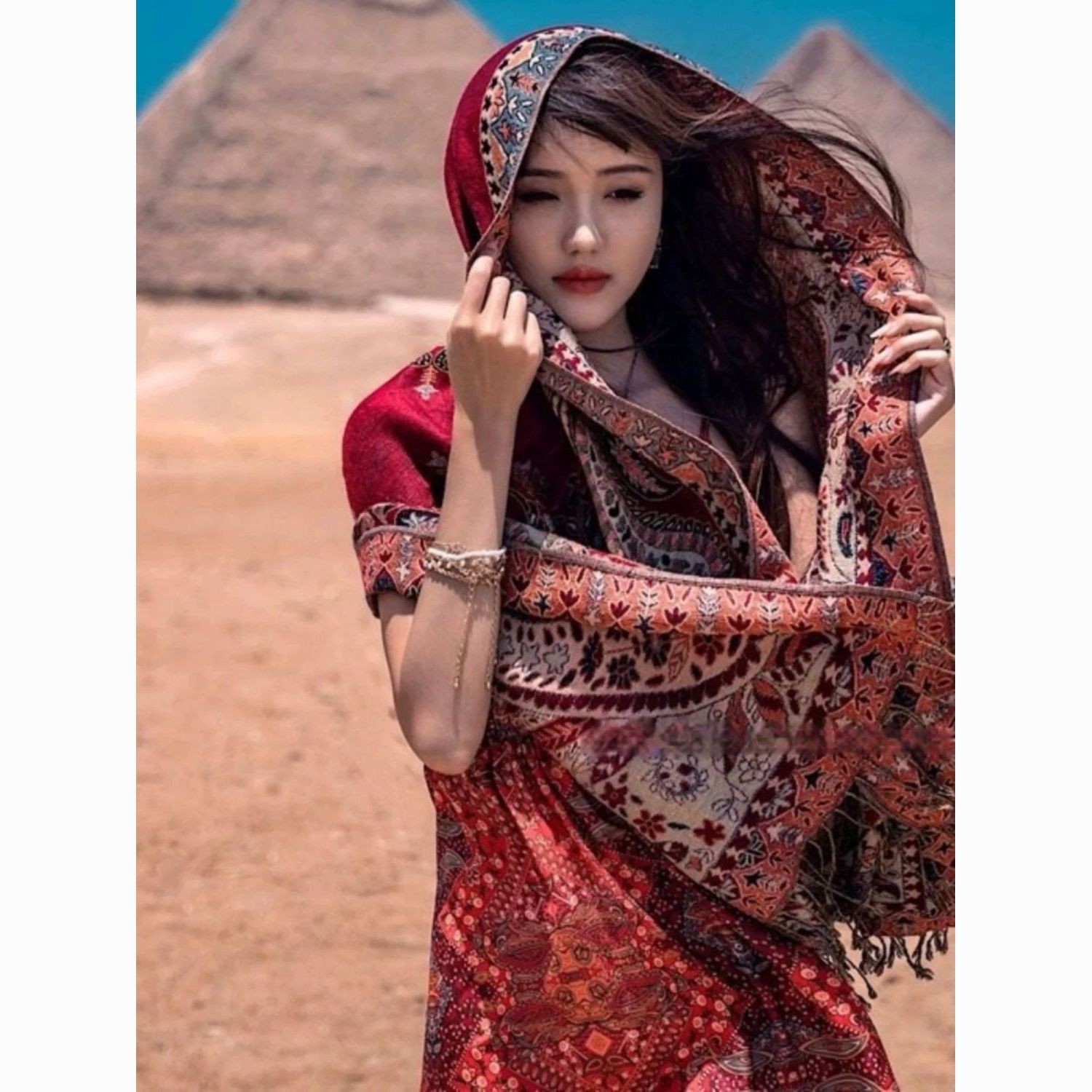 Red Ethnic Scarf Beach Desert Travel Wrap Shawl Sunscreen Lightweight Veil