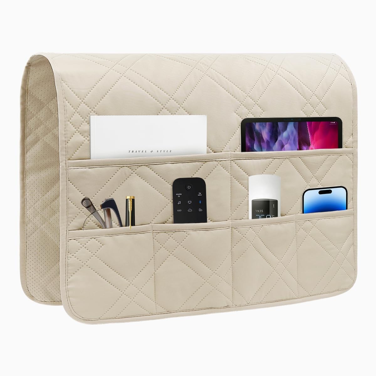 Couch Armrest Organizer Remote Control Holder 6 Pockets NonSlip Sofa Beige