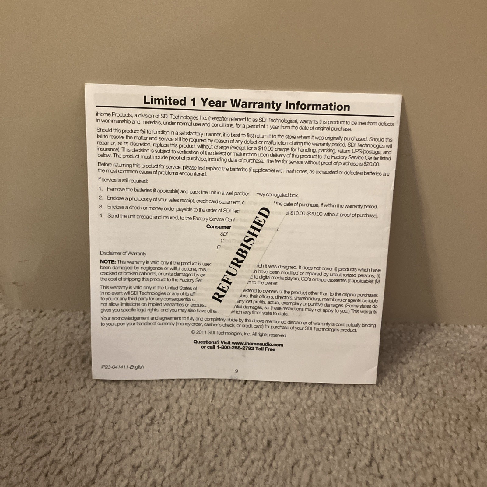 Instruction Manual for iHome, Model iP 23 (Manual Only)