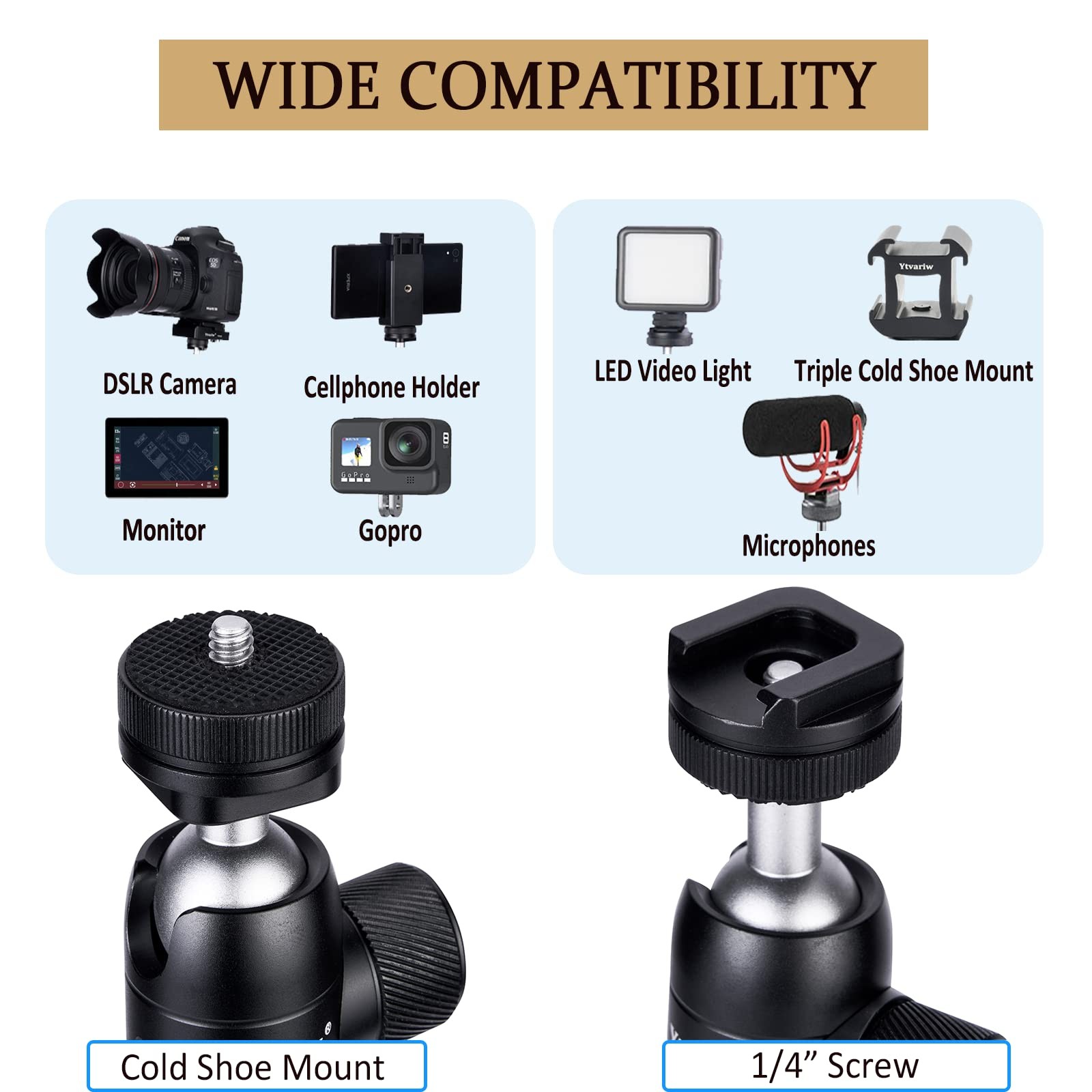 Camera Tripod Mini Ball Head with Cold Shoe Mount,360° Panoramic Size, 1