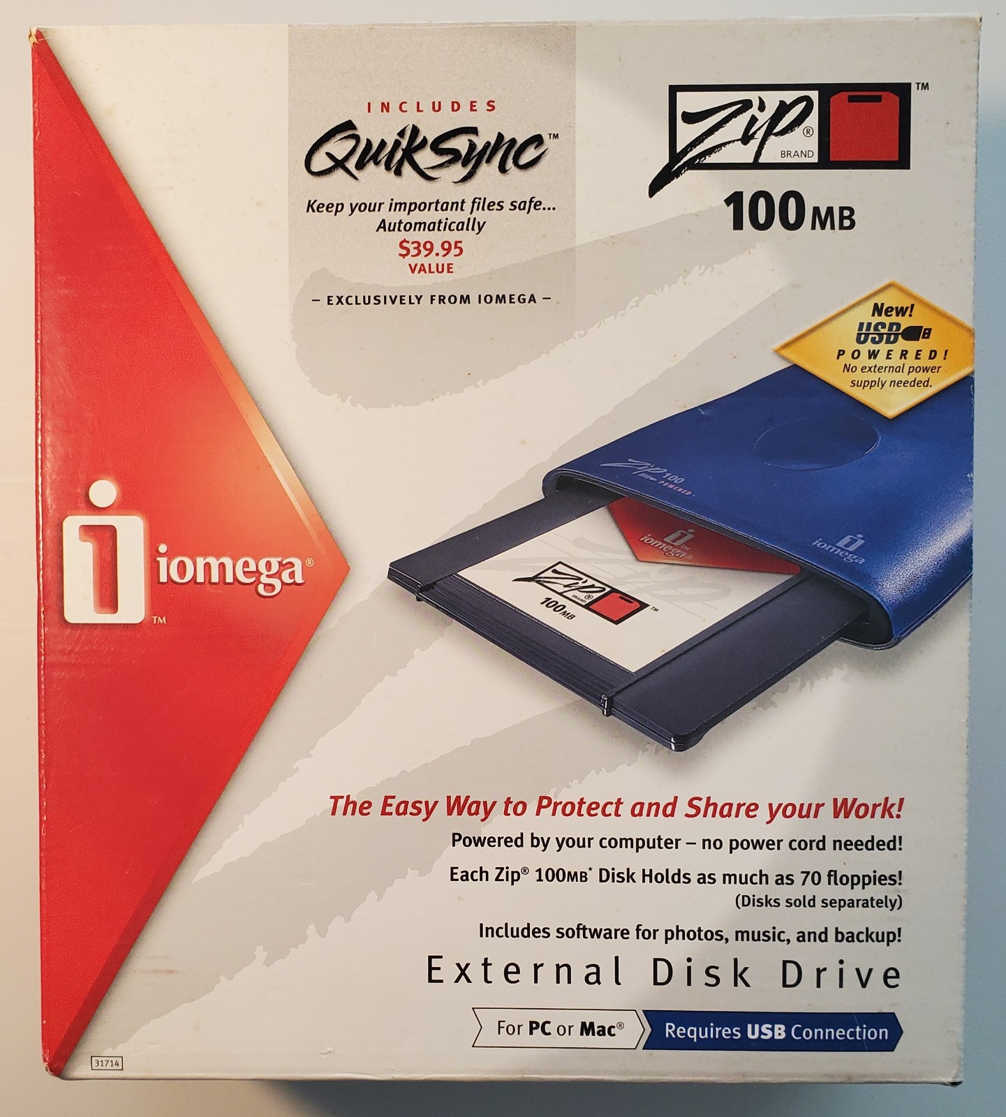 IOMEGA ZIP 100 USB POWERED EXTERNAL DRIVE MODEL Z100USBS 100MB BLUE OPEN BOX