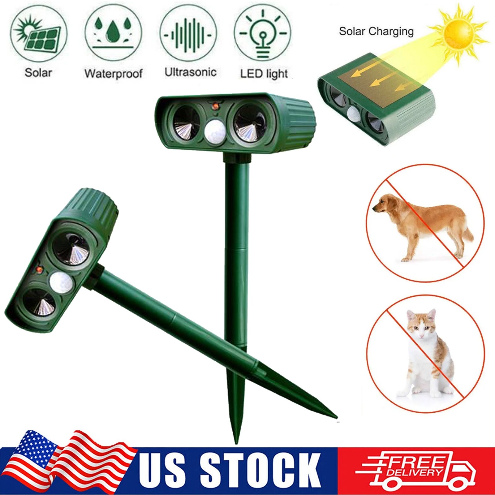 2-Pack Solar-Powered Ultrasonic Animal Repellent for Cats, Mice Deer & More