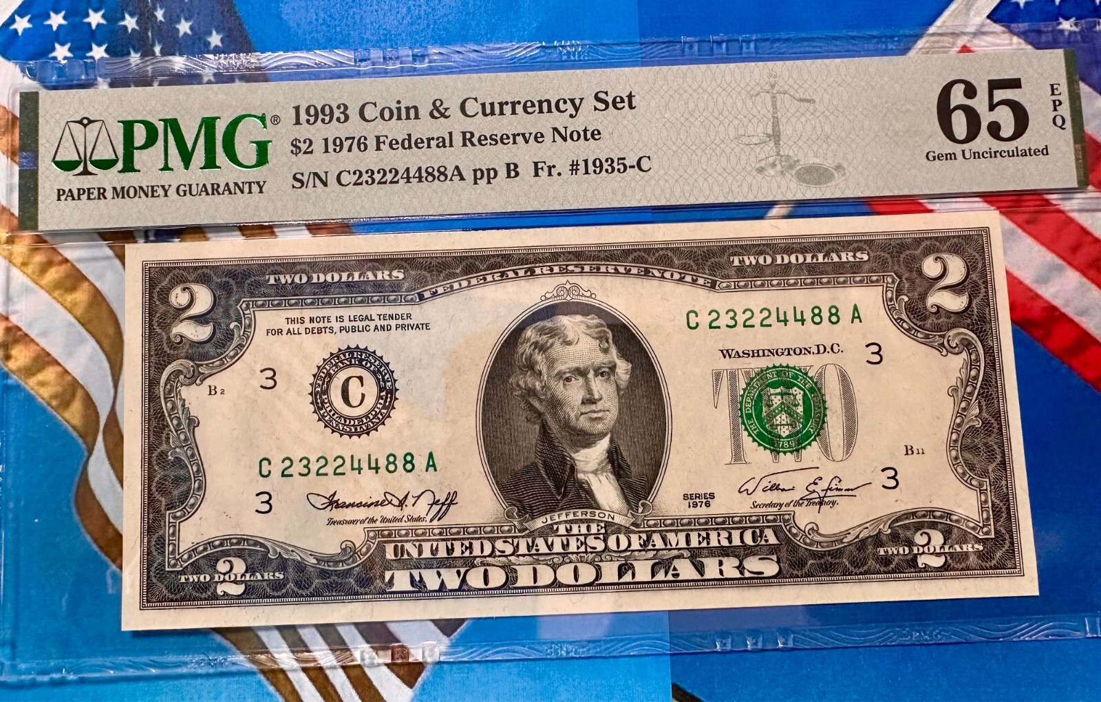 1993 TWO DOLLAR NOTE PROFESSIONALLY GRADED-  PMG 65 - SEE PICS - SUPER NICE!!!