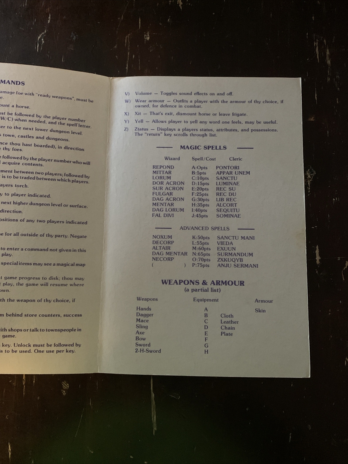 Ultima III Exodus Player Reference Card Only For Commodore 64