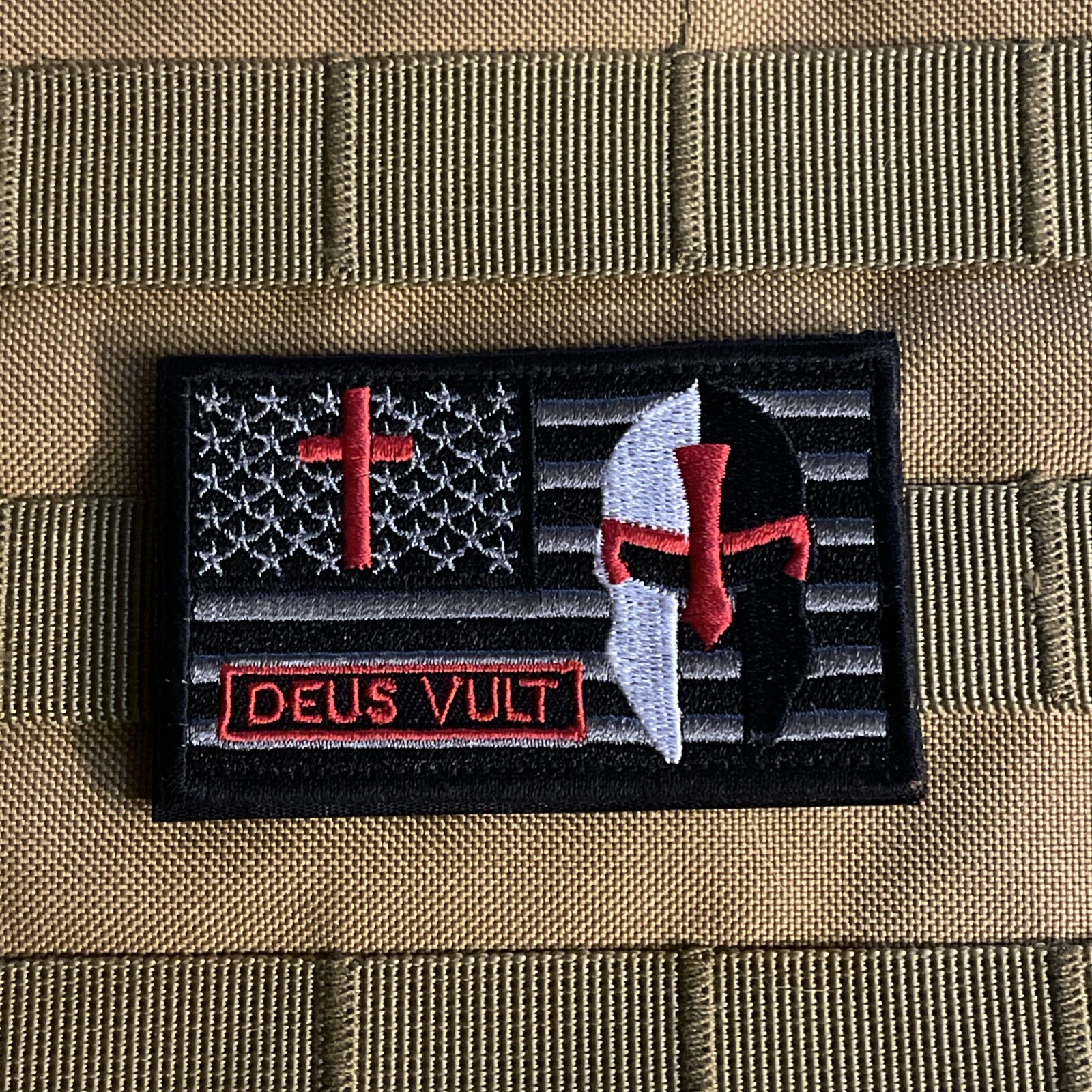 USA Flag Deus Vult God Wills It Crusader Knights Templar Hook loop Patch
