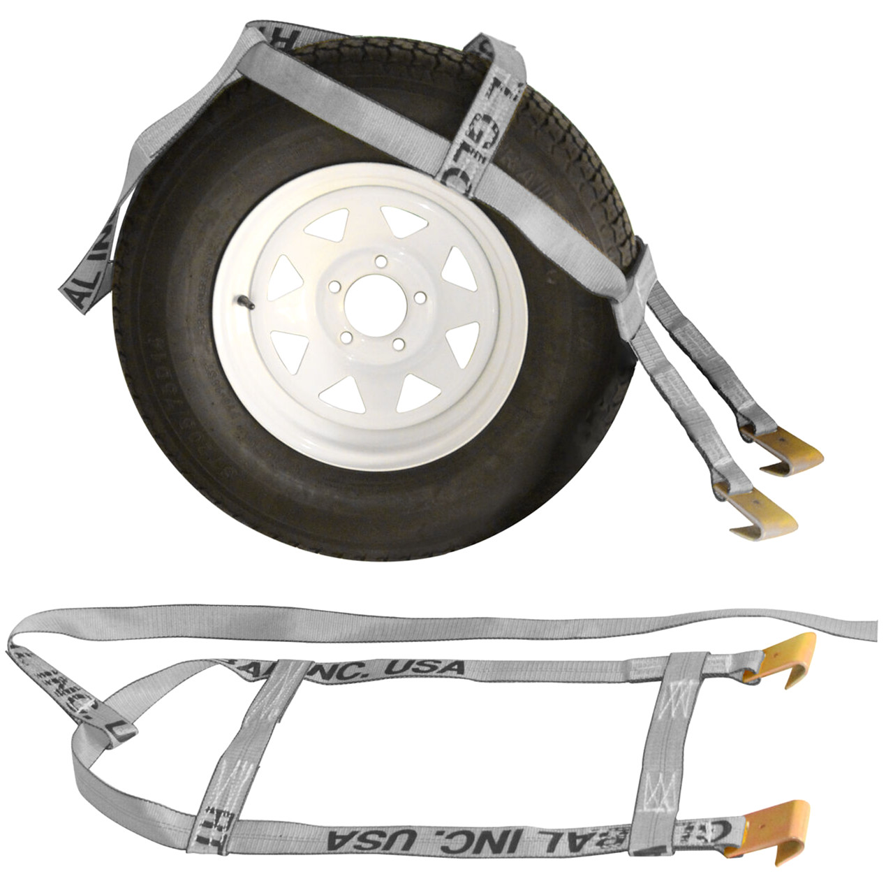 Tow Dolly Demco Style Tire Basket Straps with Flat Hooks for 15"-20" Rims (2 PC)