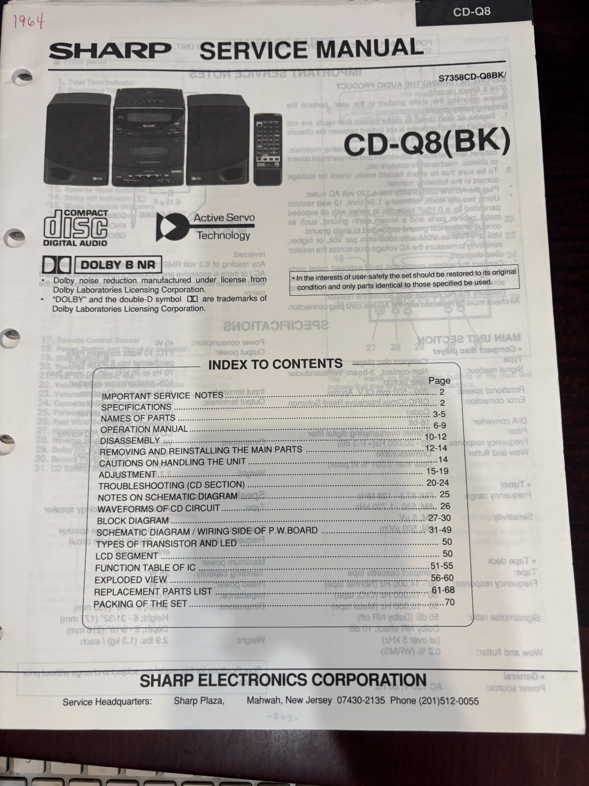 ORIG. SHARP CD-Q8 CD-Q8BK CDQ8 (BK) Repair & Service Manual *ORIGINAL*
