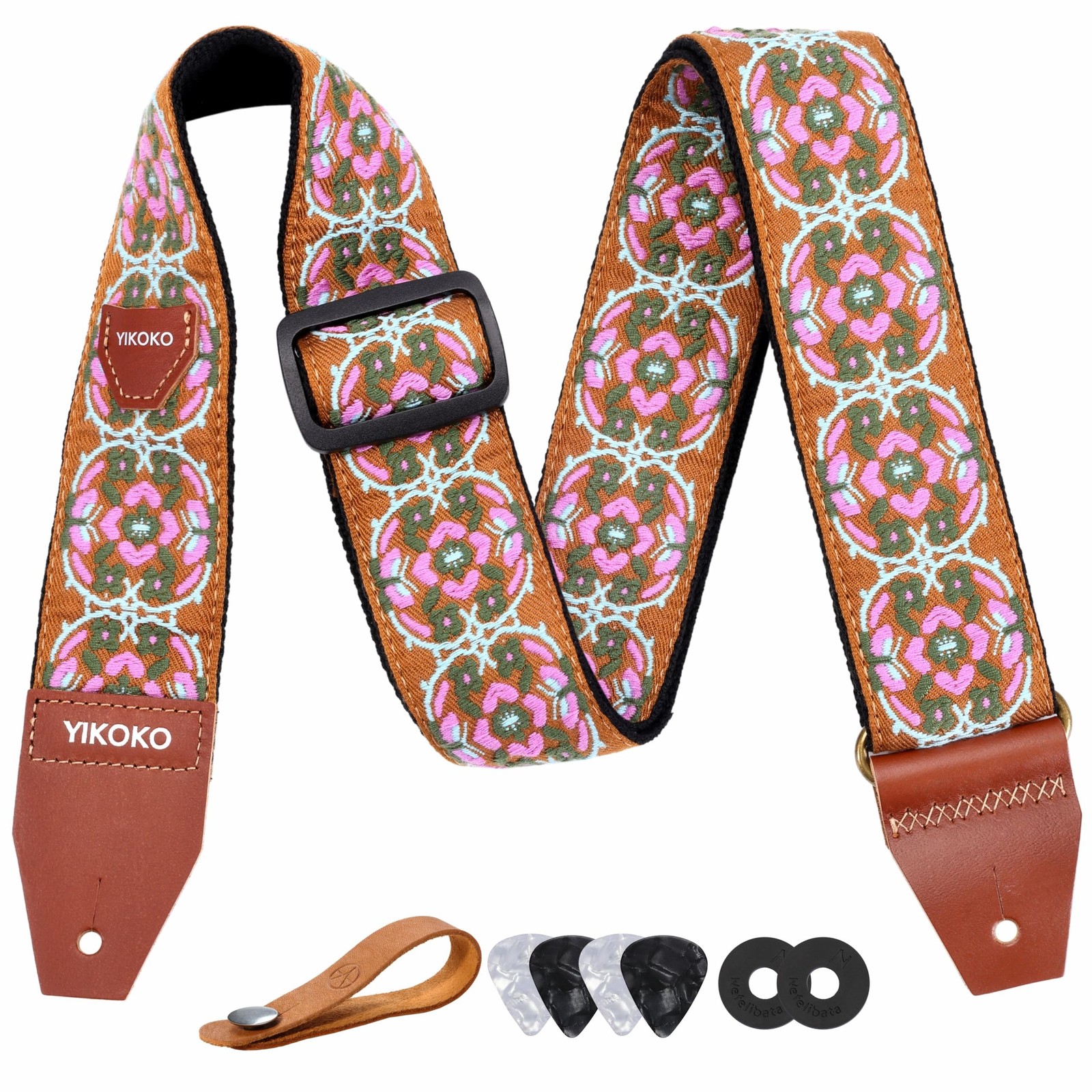 YIKOKO Guitar Strap，2 inch Embroidery Flower Cotton Guitar Straps with Fu