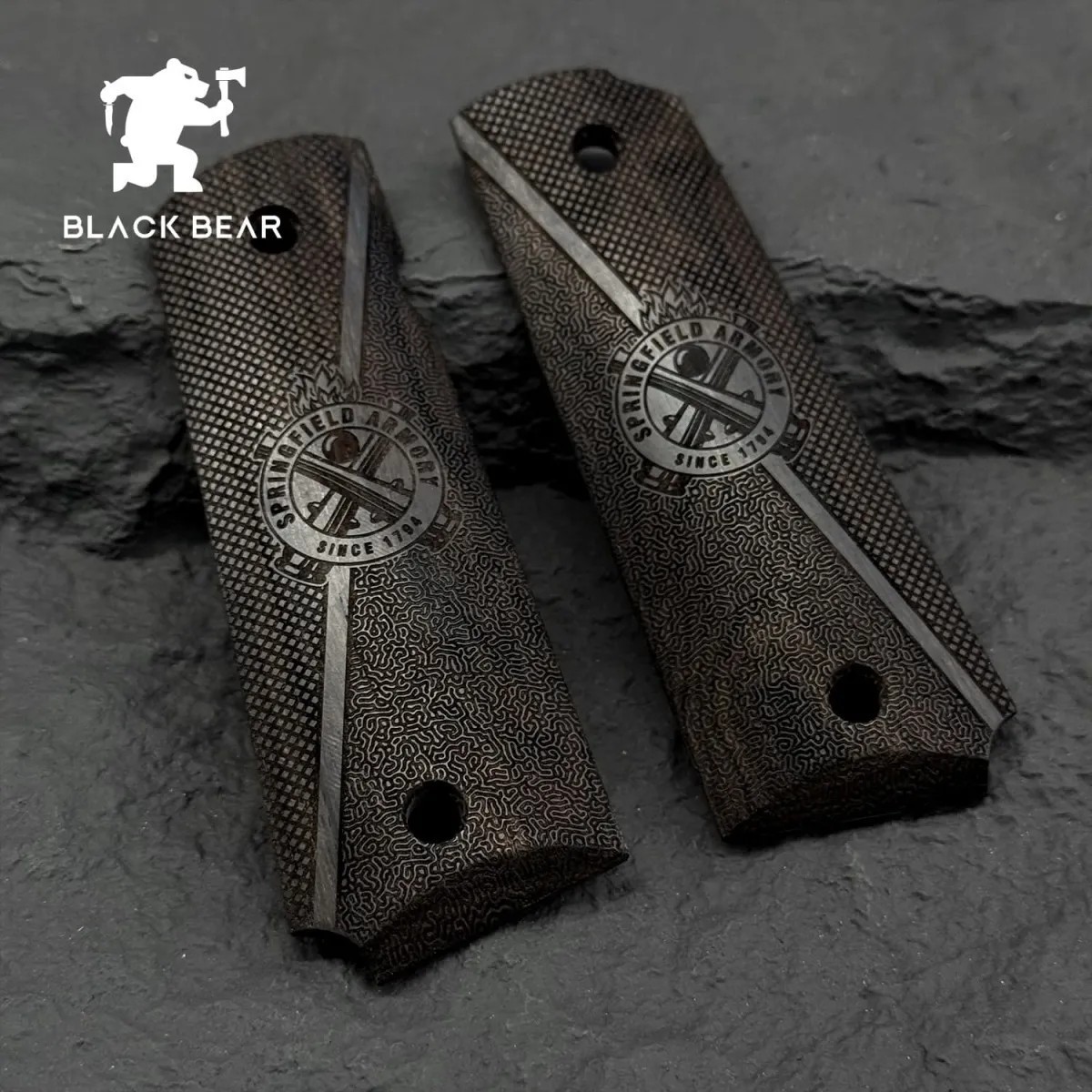 Ebony 1911 Grips with Springfield Style Emblem Engraving Full Size for 1911