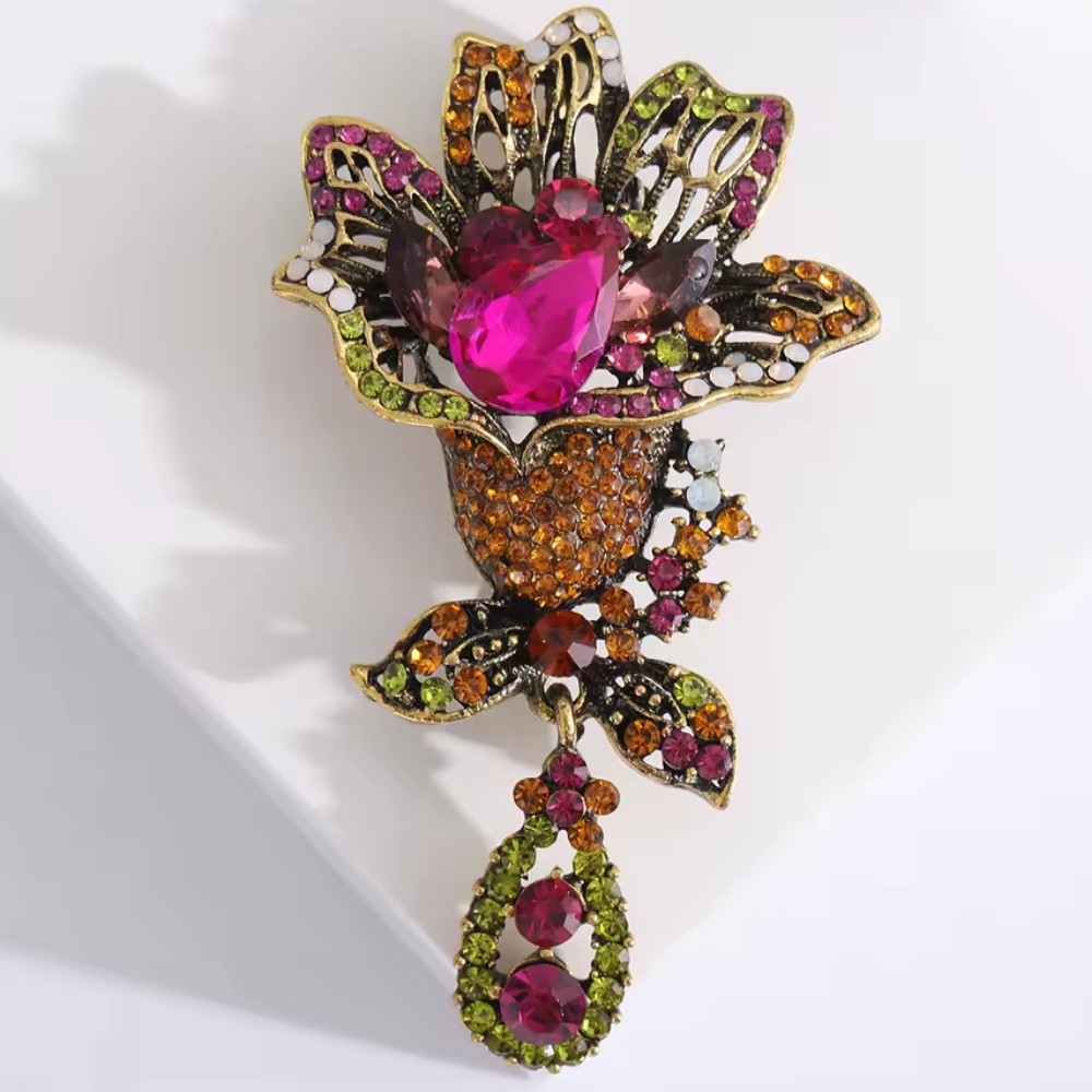 Vintage Flower Brooch Gold Tone Floral Pin Rhinestone Plant Jewelry, Summer Gift
