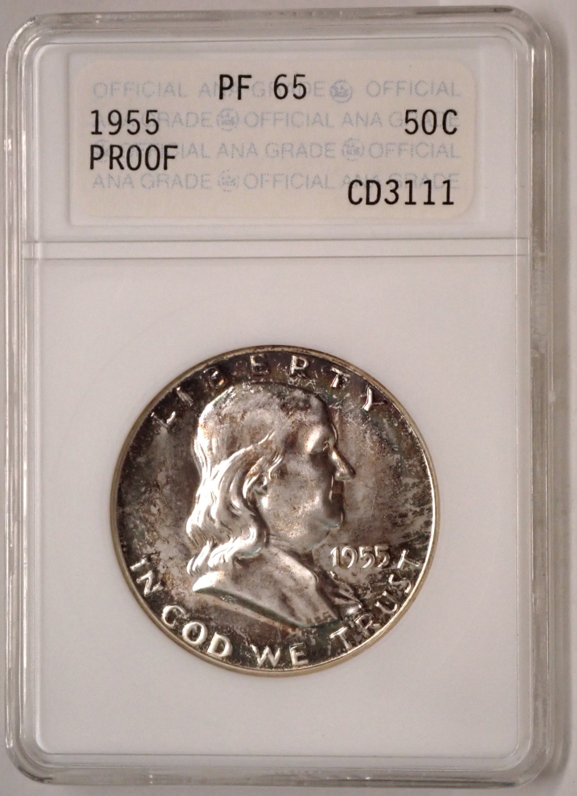 1955 Franklin Half ANACS (ANA) PF65 1st Generation Old Holder Soapbox Toned